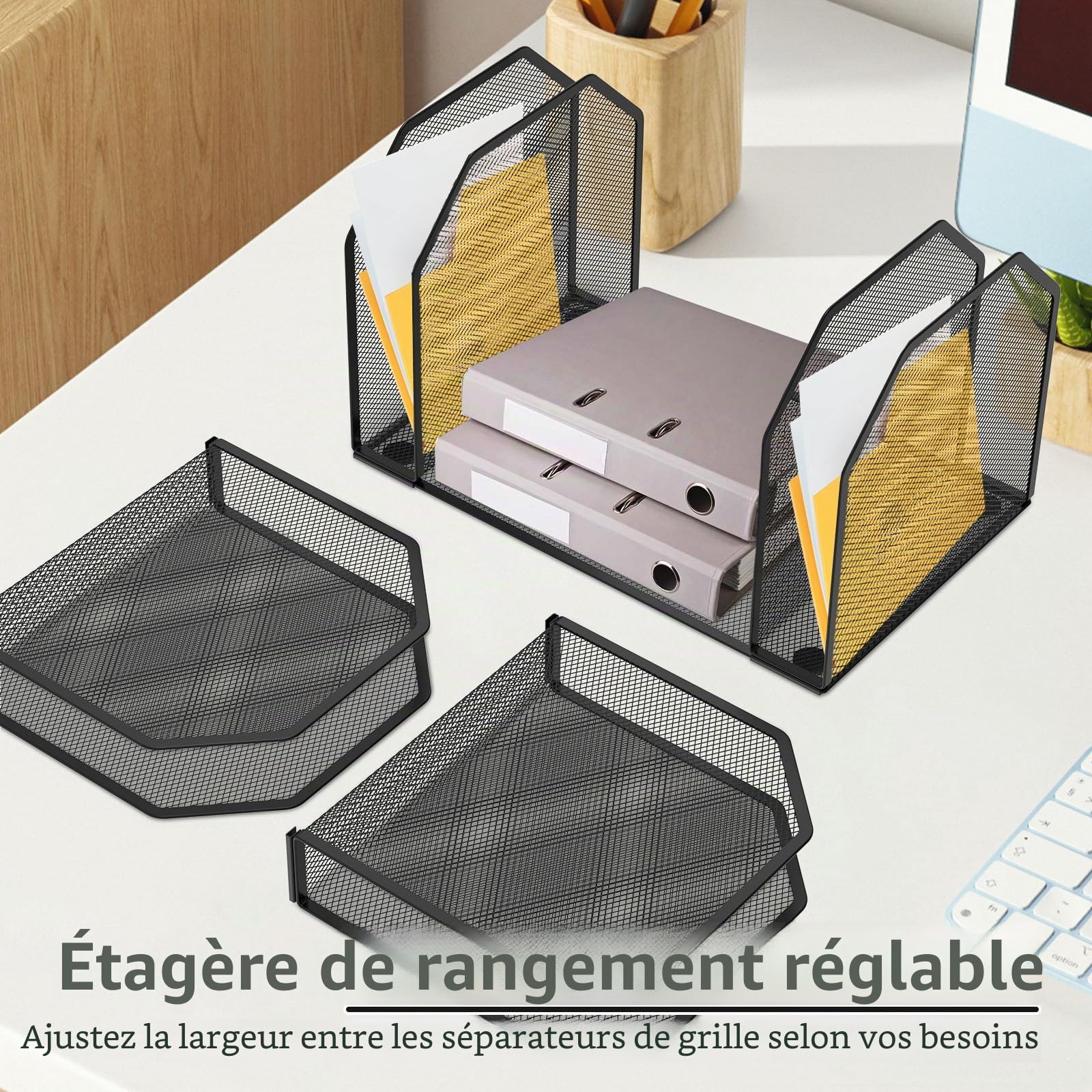 Organisateur de Bureau Vertical Porte-Revues en Maille Métallique 7 Compartiments Porte-Documents de Bureau Porte Dossiers Largeur Ajustable Aupport pour Magazines à Domicile et Lieu de Travail noir