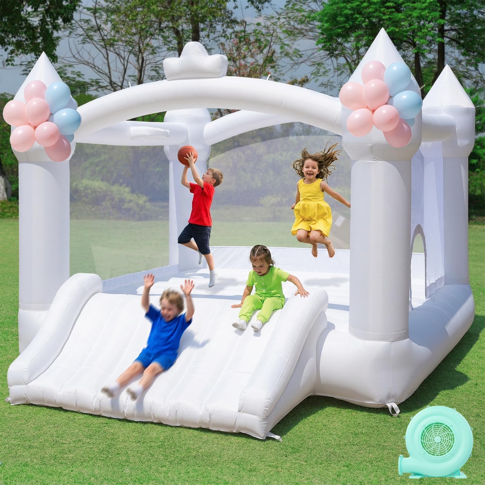 Photo 1 of FBSPORT Inflatable White Bounce House with Slide & Basketball Hoop