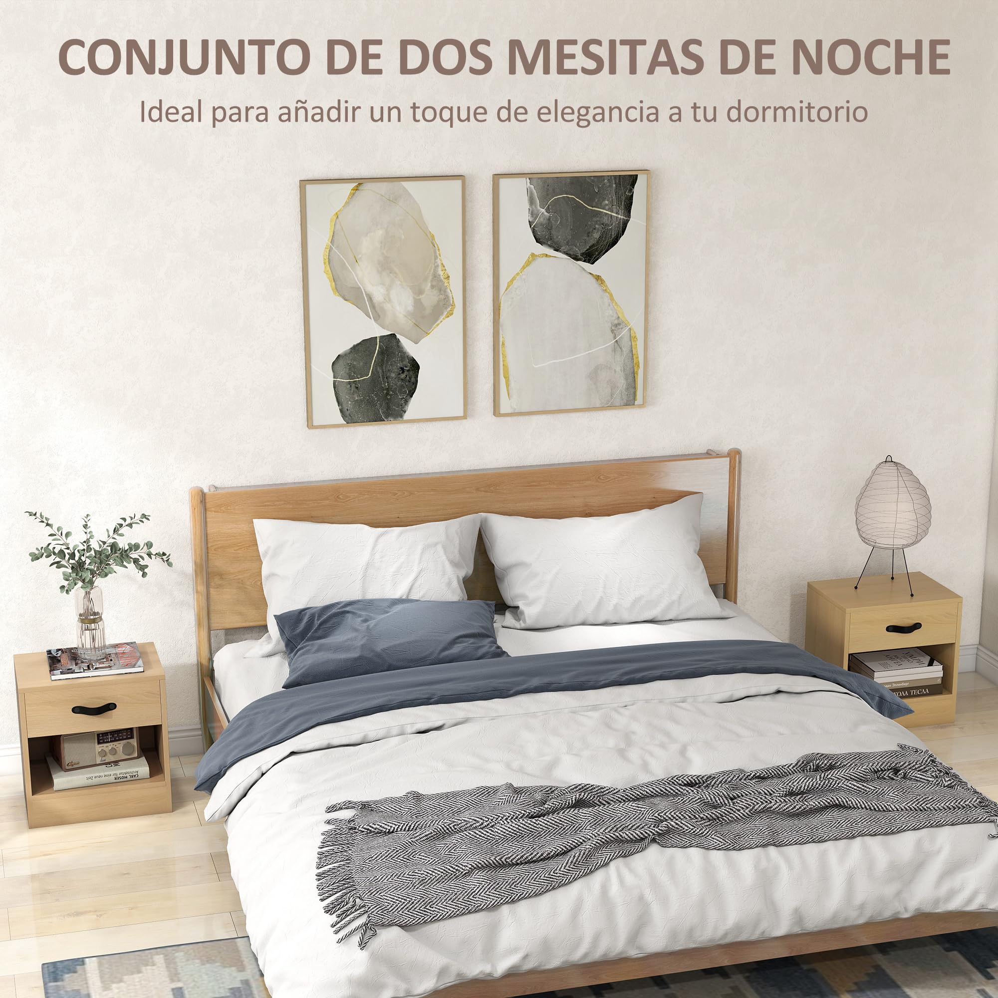 HOMCOM Pack de 2 Mesitas de Noche Estrechas con Cajón 39x28x41 cm Natural