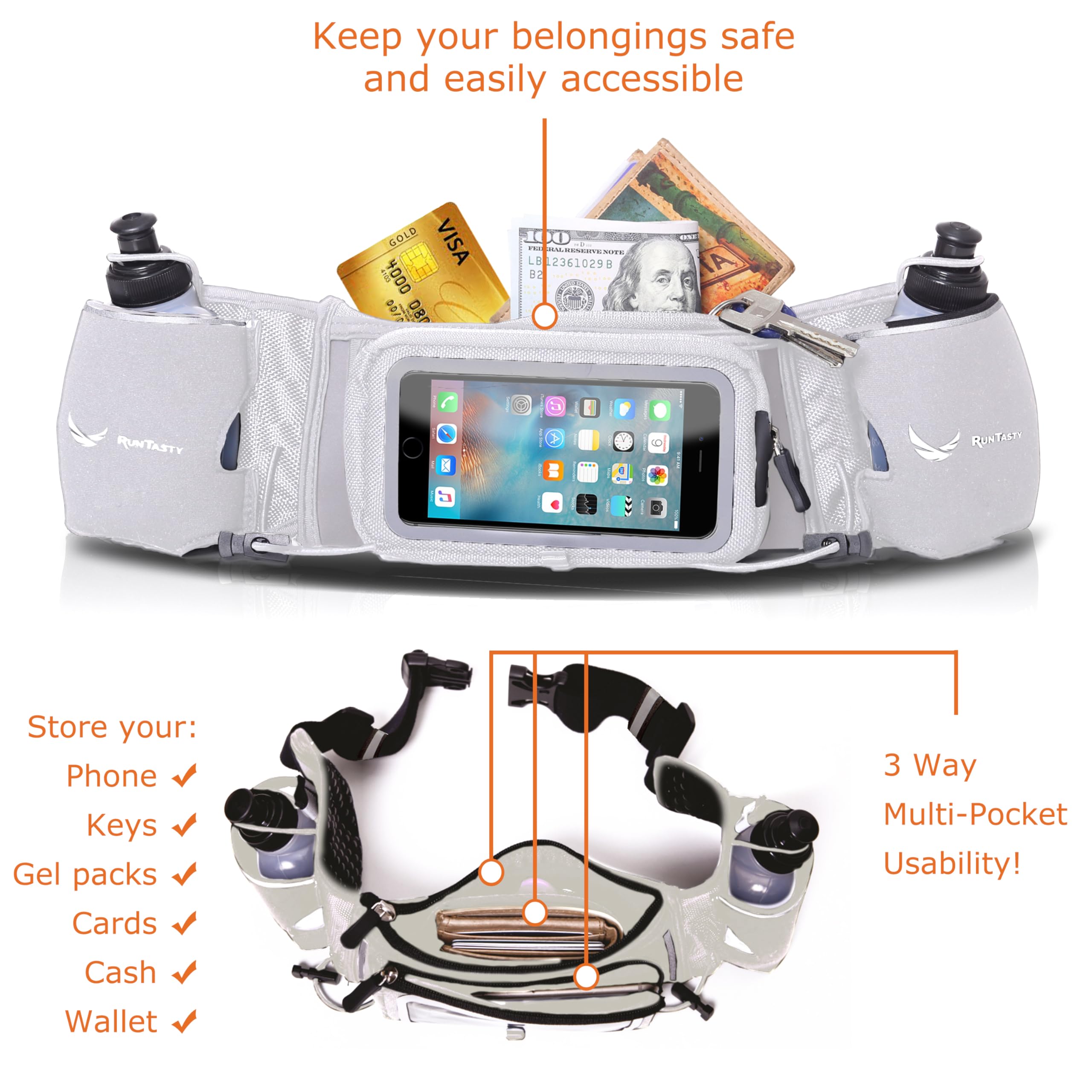 Runtasty Trinkgürtel Nr. 1 – Premium-Gewinner Lauf-Kraftstoffgürtel mit 2 BPA-freien 284 ml Wasserflaschen, kippbare Tasche mit Touchscreen-Ready-Abdeckung, passend für alle iPhones, federndes Design,