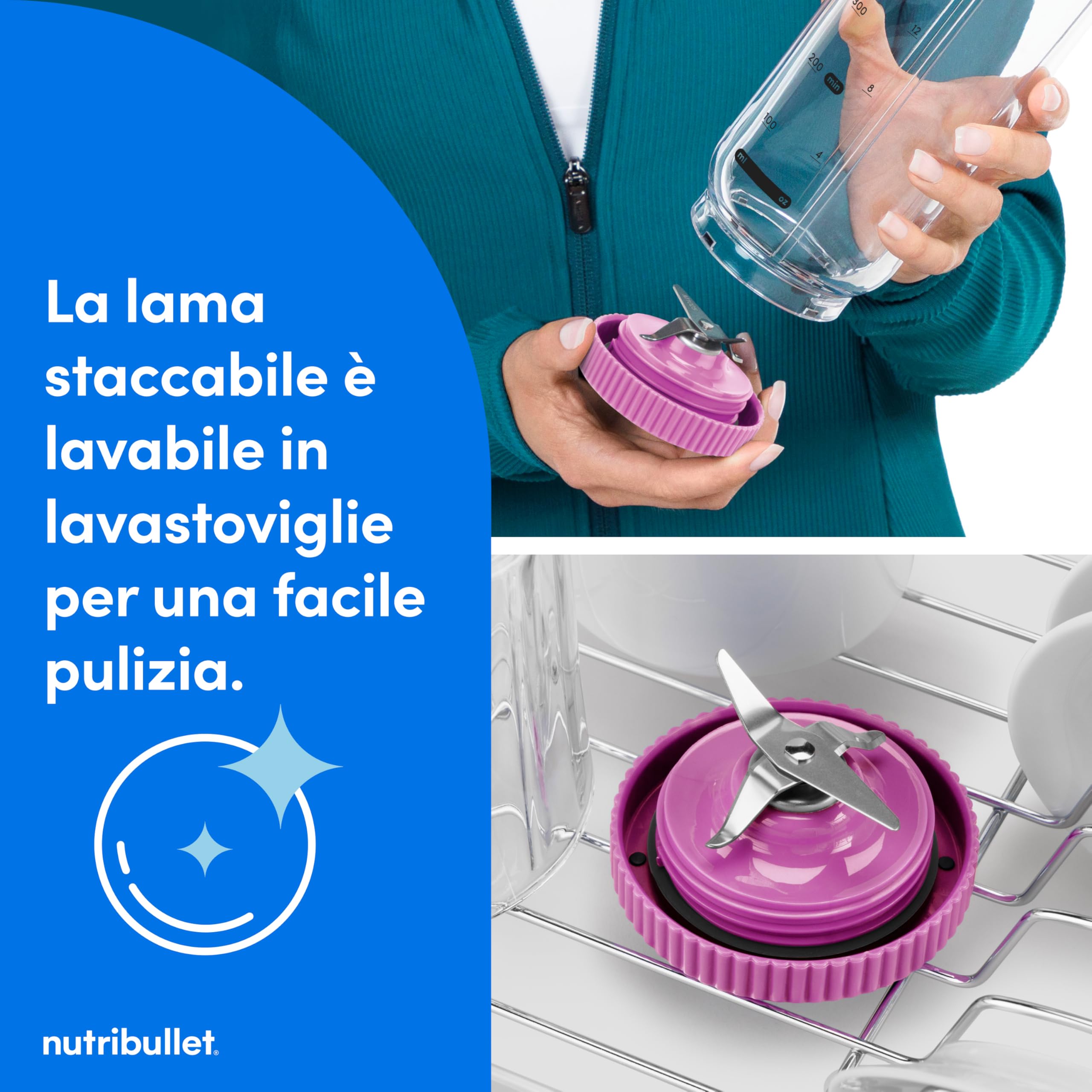 nutribullet Flex 590ml Mini Frullatore Portatile senza fili, Ricaricabile, con Manico e Tappo a Beccuccio, Tritatutto, per Smoothies e Frullati, Trita Ghiaccio e Frutta Congelata, Viola (NBP013VT)