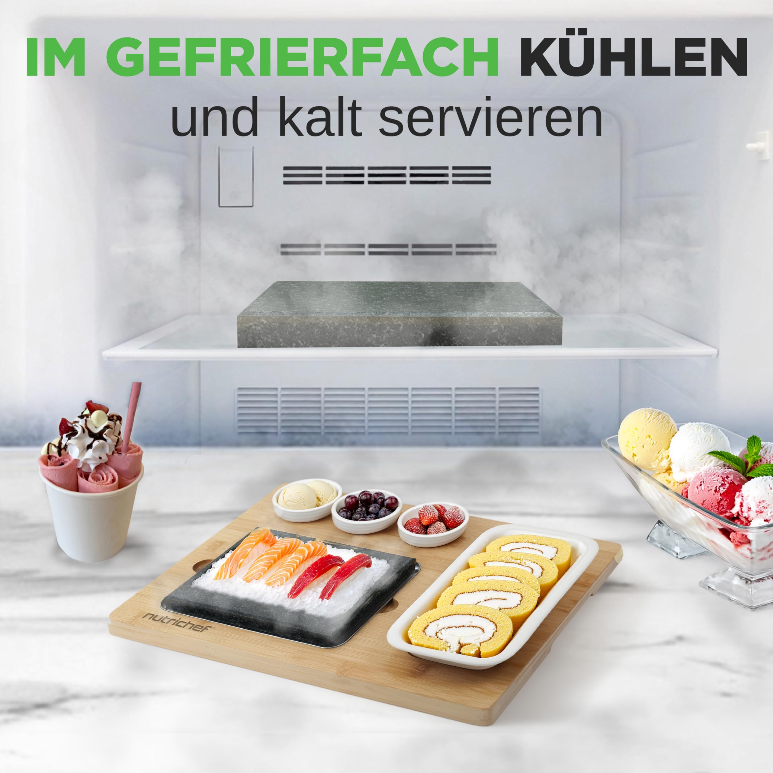 NutriChef Heißer Stein Grillplatte – Tischgrill-Set mit Bambus und Keramik Ideal für Steak und Dinner - Natürliches Granit-Kochset - Servierplatte mit Saucenschälchen