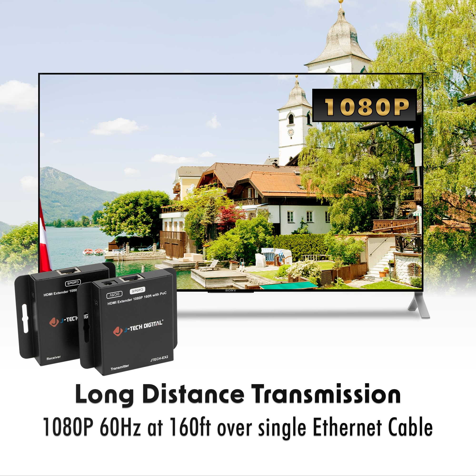 J-Tech Digital [JTECH-EX2] - Extender Ethernet HDMI 1080P 60Hz su singolo cavo Ethernet Cat5e/6/7 fino a 48,8 m, supporta PoC (Power Over Cable) audio digitale 3D Deep Color Zero perdita di segnale