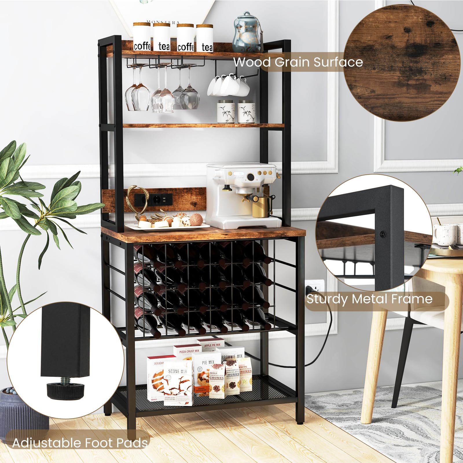 KOMFOTTEU Scaffale per vino con prese e USB per 24 bottiglie e tazze, mensola da cucina a 5 Ripiani con piano di lavoro, scaffale multiuso per più dispositivi, portabottiglie per vino 76 x 48 x 163 cm