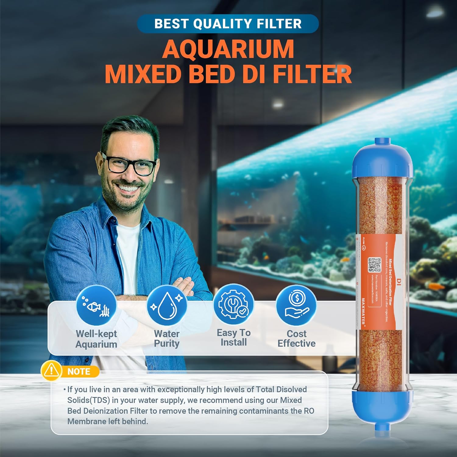 10" Refillable Mixed Bed Ion Exchange Aquarium Filter for High TDS Water, RO DI Resin Refillable Housing with Clamps &Fittings, Compatible with 10" Aquarium Reverse Osmosis Water Filtration Systems