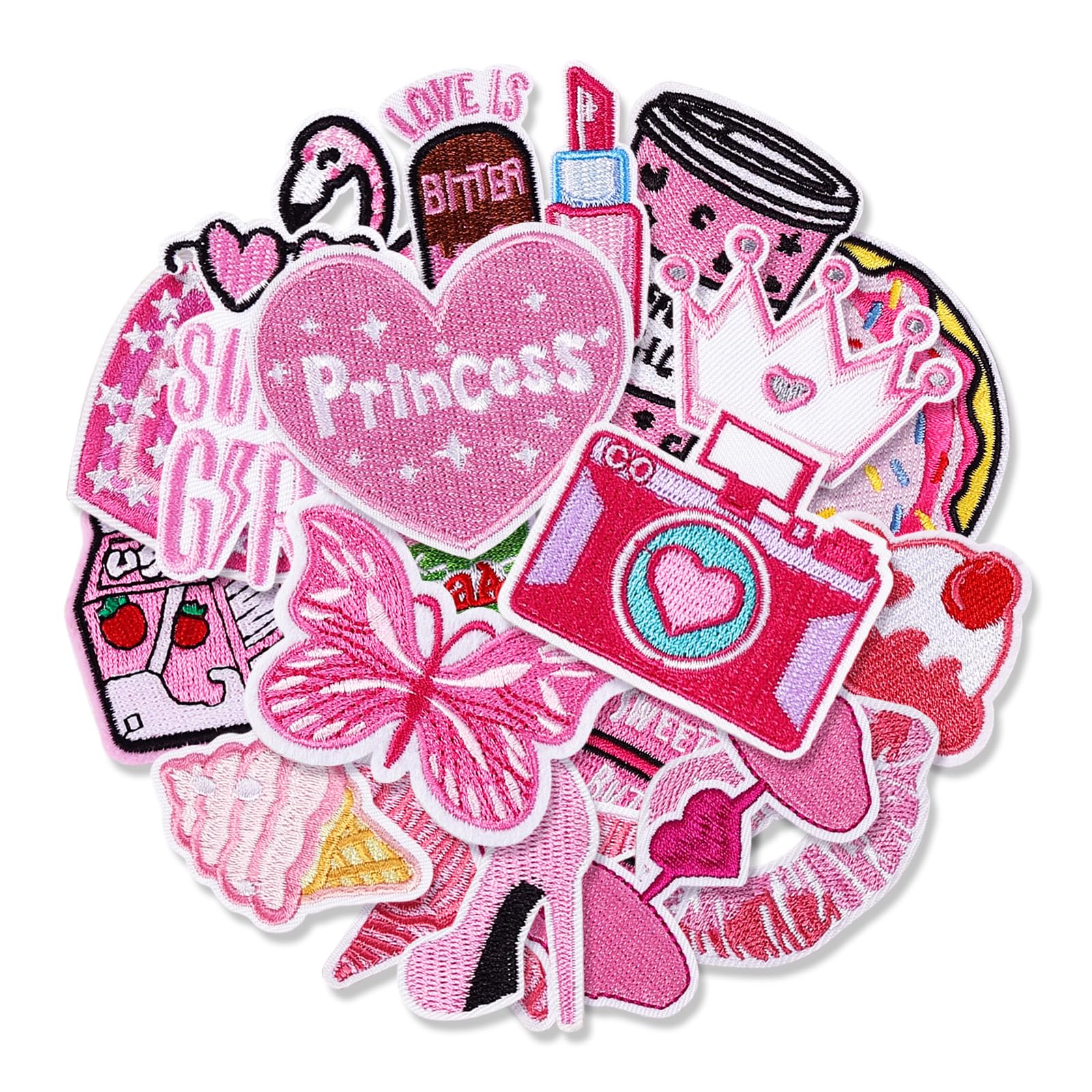 20Pcs Pink Iron on Patches Girly Embroidered Patches Preppy Applique Patches Assorted Cute Sew on Patches for Clothes Jackets Hats Backpacks Jeans DIY Accessories