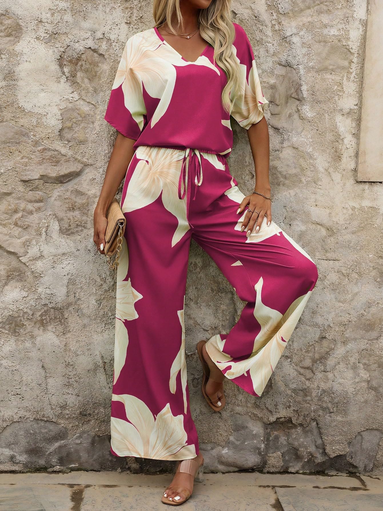 Shasmi Women's Casual Elegant Pink Floral Printed Batwing V-Neck Blouse, Sleeve Shirt, Wide Long Pants for Ladies 2pcs/Set, Spring Outfits For Women (Co-Ods 189 Pink-M) - Image 6 thumbnail