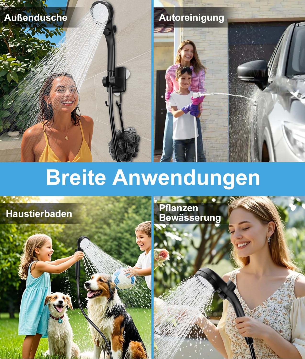 WADEO verbesserte Campingdusche Akku mit Pumpe, 10 Gänge Schaltung, 6000-mAh-Akku für 3 Stunden Laufzeit, mit doppelter Digitalanzeige, Mobile Duschen Outdoor für Camping Reisen Garten (Schwarz)