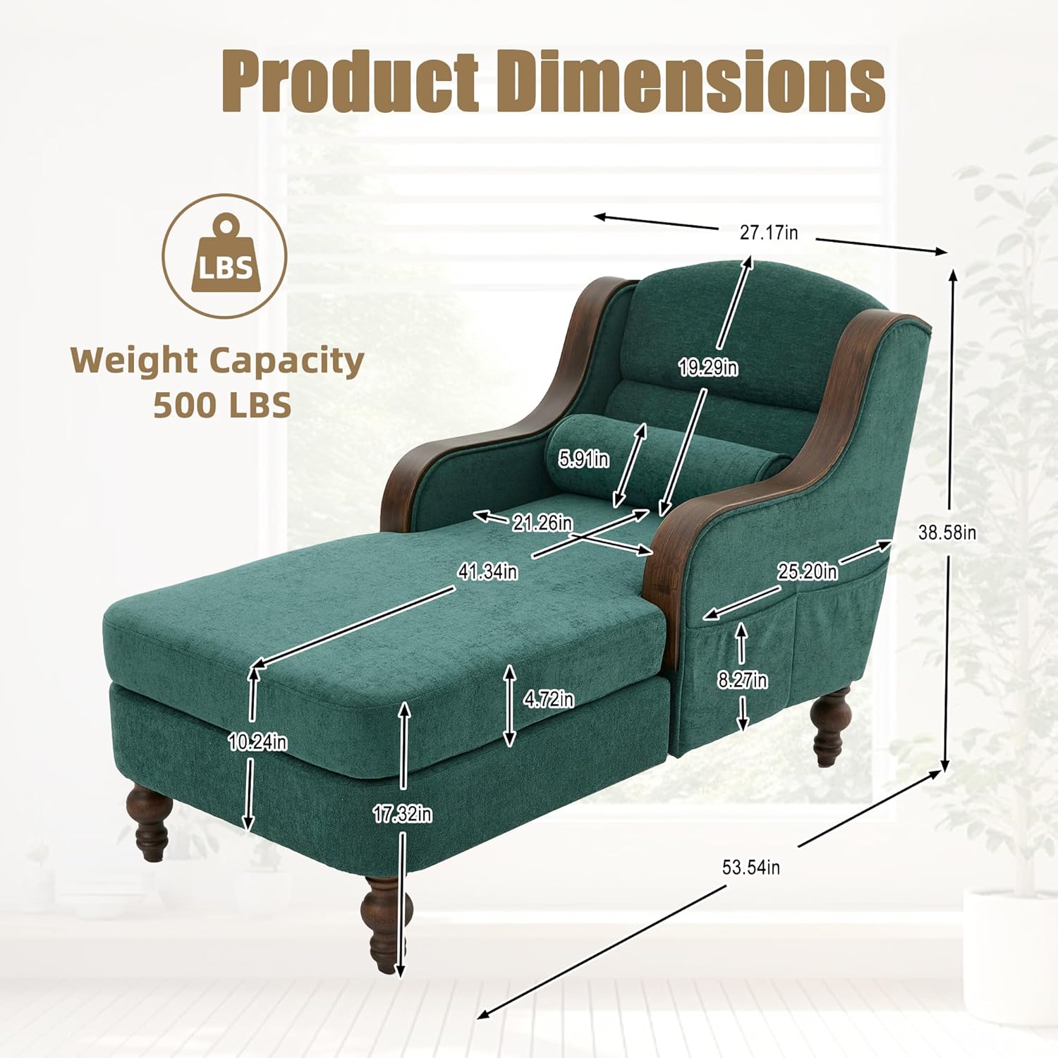 Upholstered Oversized Chaise Lounge Chair, Solid Wood Frame, Comfy Arm Chair with Thick Double-Layer Cushion, Curved Armrests Modern Overstuffed Sleeper Recliner for Bedroom Living Room(Emerald Green)