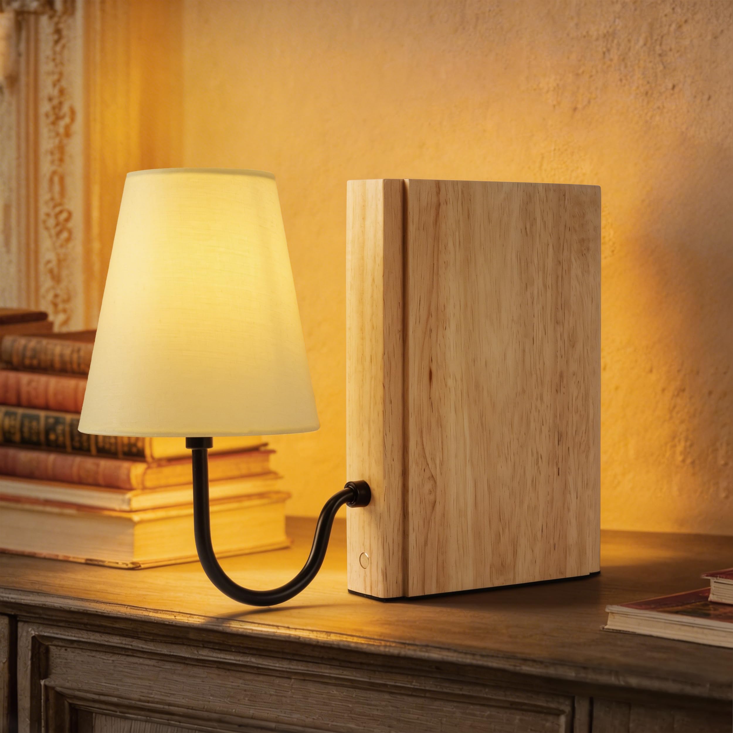 AELS Wooden Bookshelf Lamp with Bulb, Cordless Touch Dimmable Table Lamp with Linen Fabric Shade, Battery Operated, Modern Decorative Bookend, Book Sconce for Office Home Bedroom Bookshelf, Natural