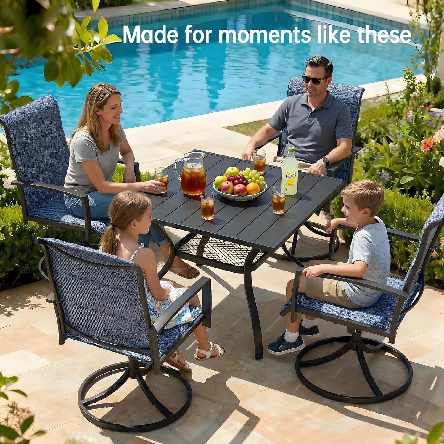 bigget 37.8" Square Outdoor Patio Dining Table for 4, All Weather Black Outdoor Dining Table with Storage Mesh Shelf & Umbrella Hole, Heavy Duty Wrought Iron Patio Coffee Table for Garden, Lawn, Deck