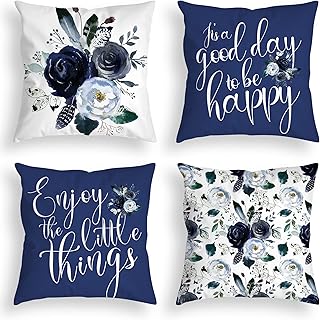 Navy Blue Throw Pillow Covers 18x18 Inch Floral Roses Flower White Grey Pillows Decorative Throw Pillows Modern Quote Spring Velvet Cushion Case Set of 4 for Couch Bed Sofa