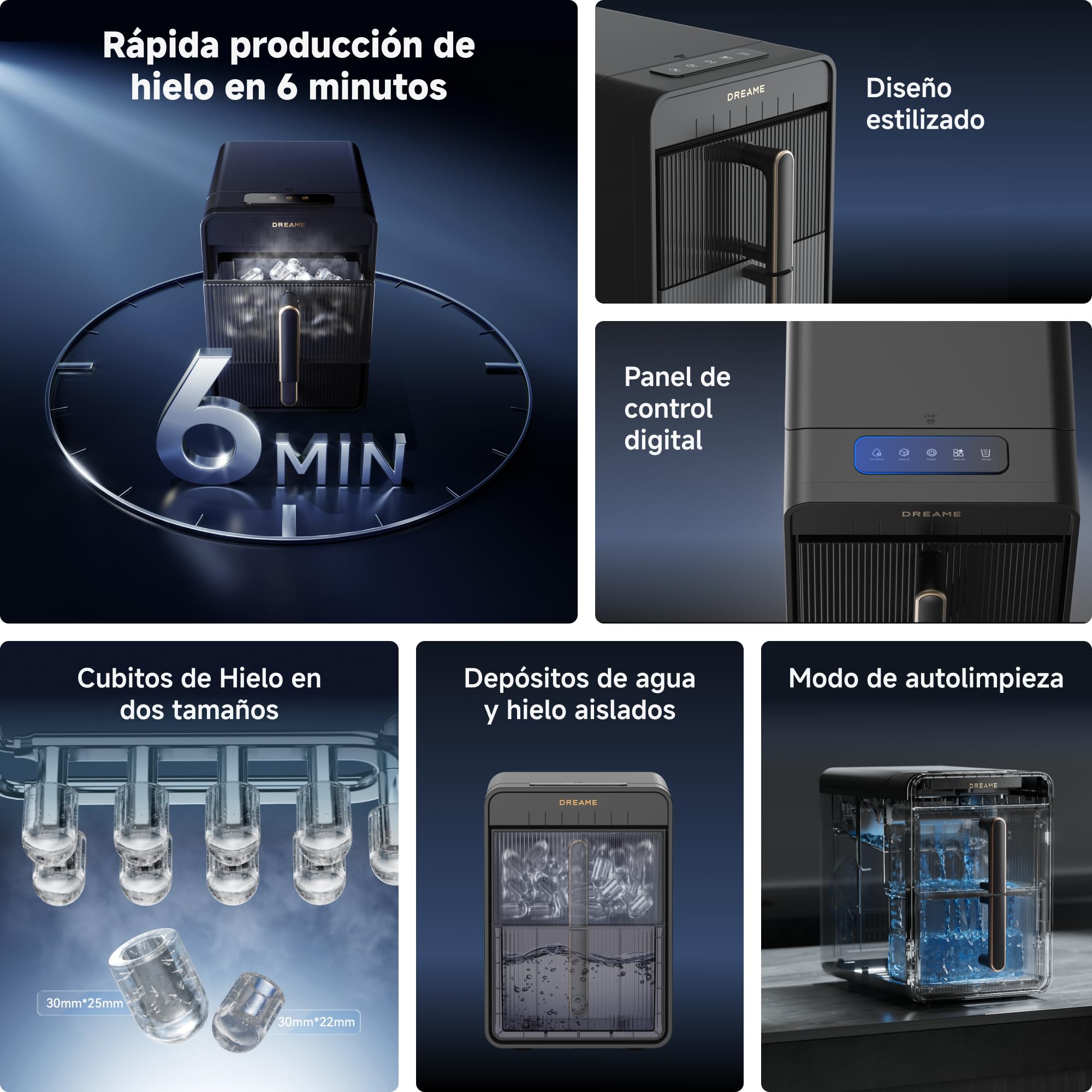 DRAEME AuraBullet Ice Máquina de Hielo En Cubitos Con Producción Rápida De Hielo En 6 Minutos, Depósito y Canasta Separados, Dos Tamaños de Cubitos, Control Digital, Luz LED y Función de Autolimpieza