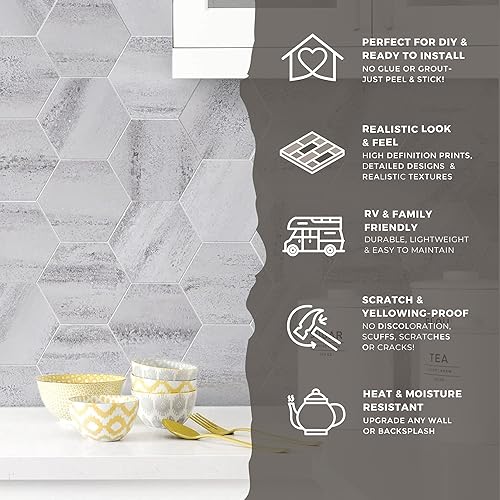 Miniatura 4 de Avant Decor  30 azulejos  Textura de piedra hexagonal compuesta de piedra  Azulejos de cocina para despegar y pegar  Azulejos de pared para pegar
