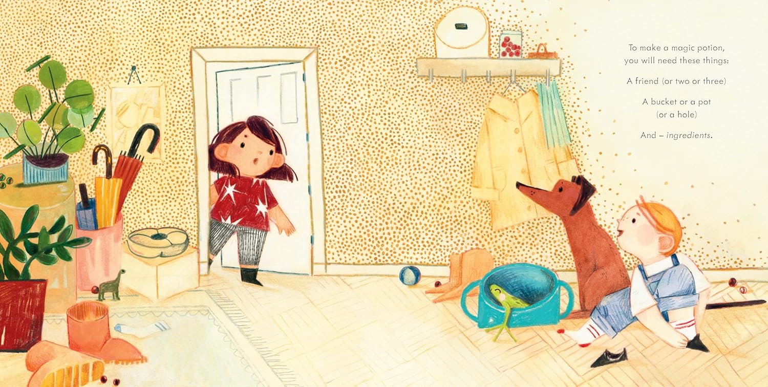 Two children inside a house, one looking out a door, the other sitting on the floor next to a dog and a blue pot.