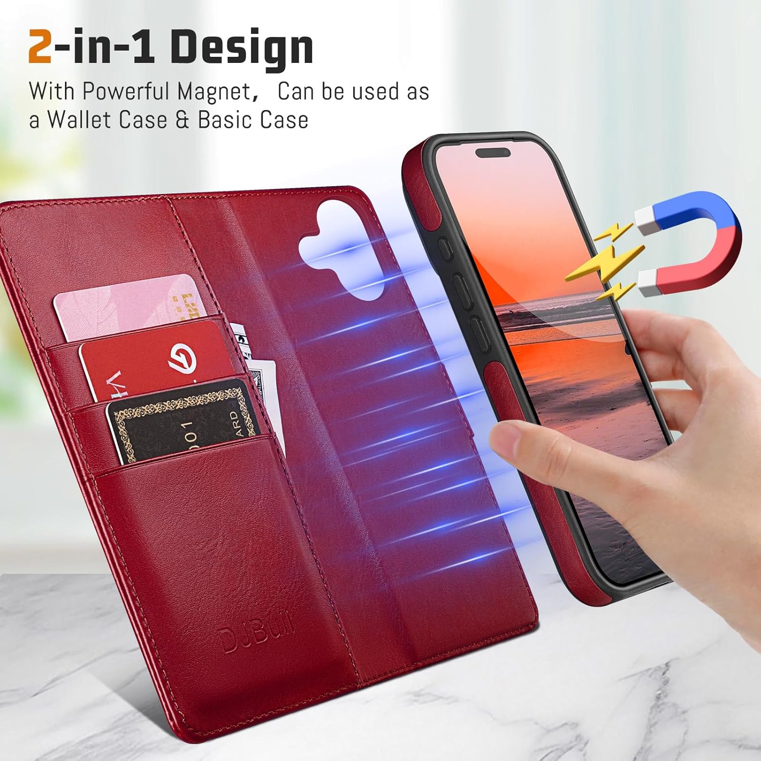 DJBull 2-in-1 Detachable Wallet Case for iPhone 16 6.1" RFID Blocking Flip Folio with Card Holder | PU Leather Shockproof Protective Cover Women Men for Apple 16 Phone Case Red