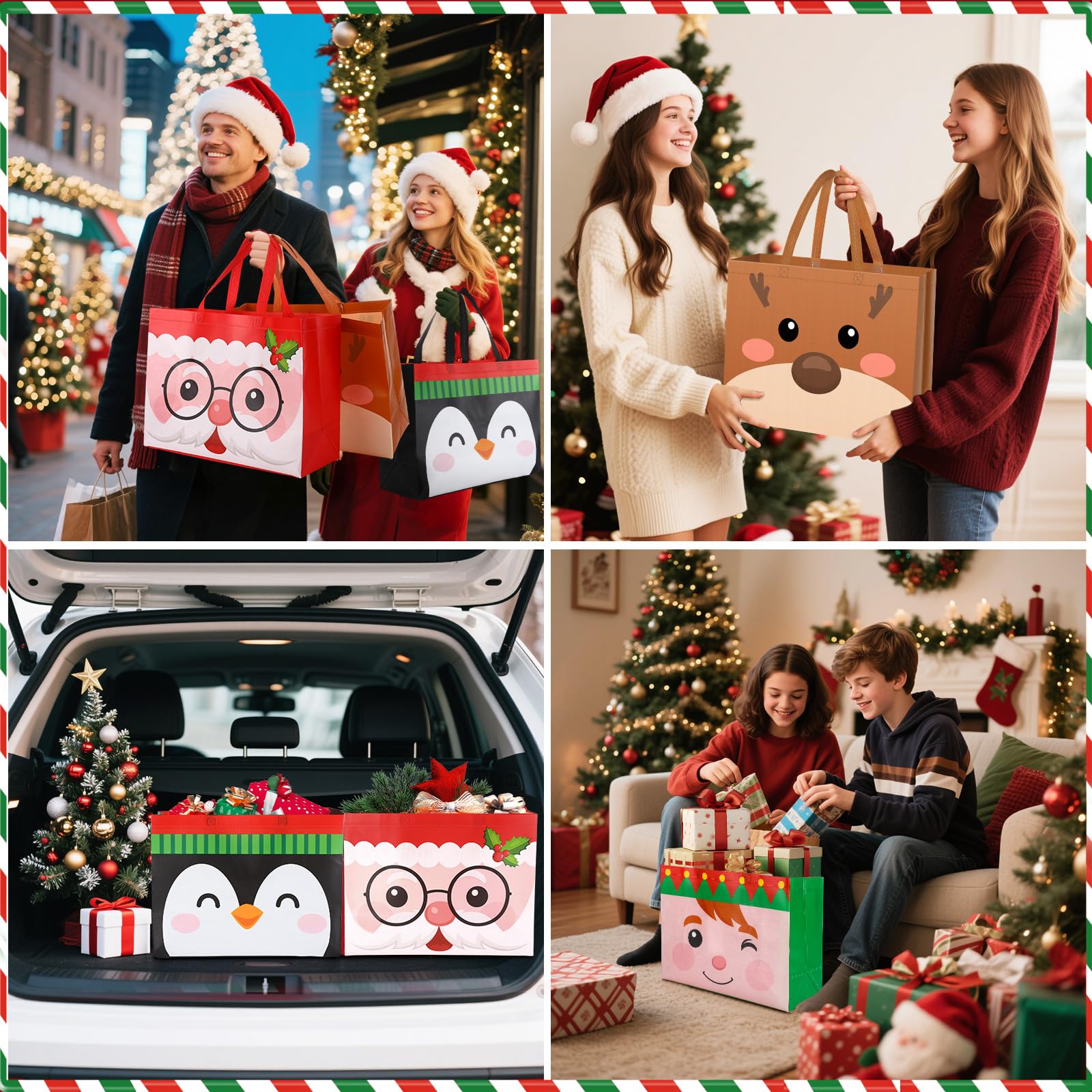 Hillban Lot de 36 sacs cadeaux de Noël extra larges réutilisables en vrac non tissés avec poignées - 41 x 32 x 17 cm
