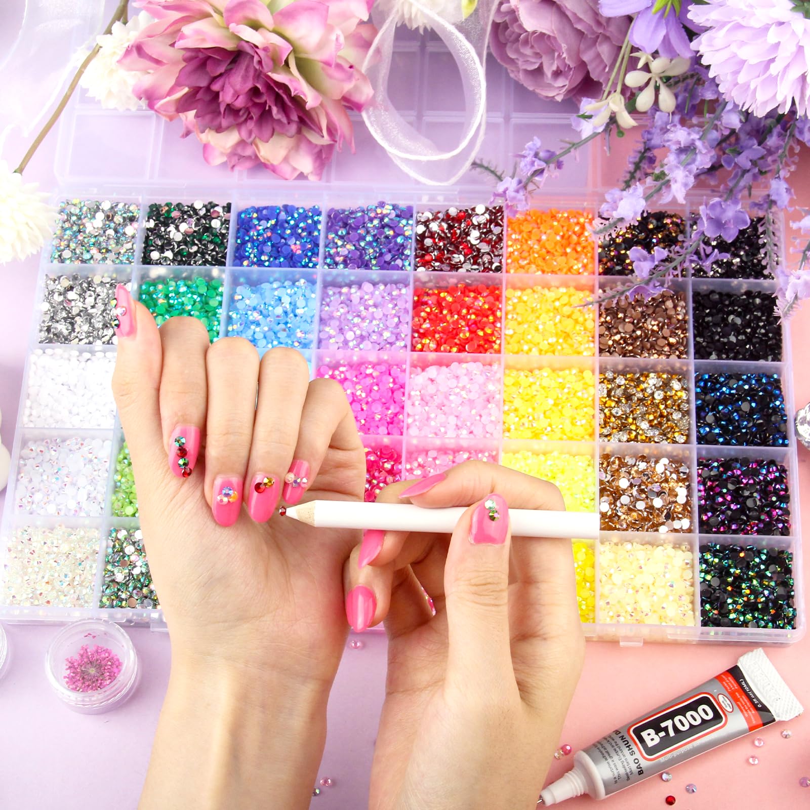Bedazzling Kit 32000 Stück Strasssteine 40 Farben 3mm Jelly Glitzersteine Bedazzler kit with Glue Bedazzle Set mit Trockenblumen Pinzette Wachsstift für Nägel Handwerk Bücher Handyhüllen
