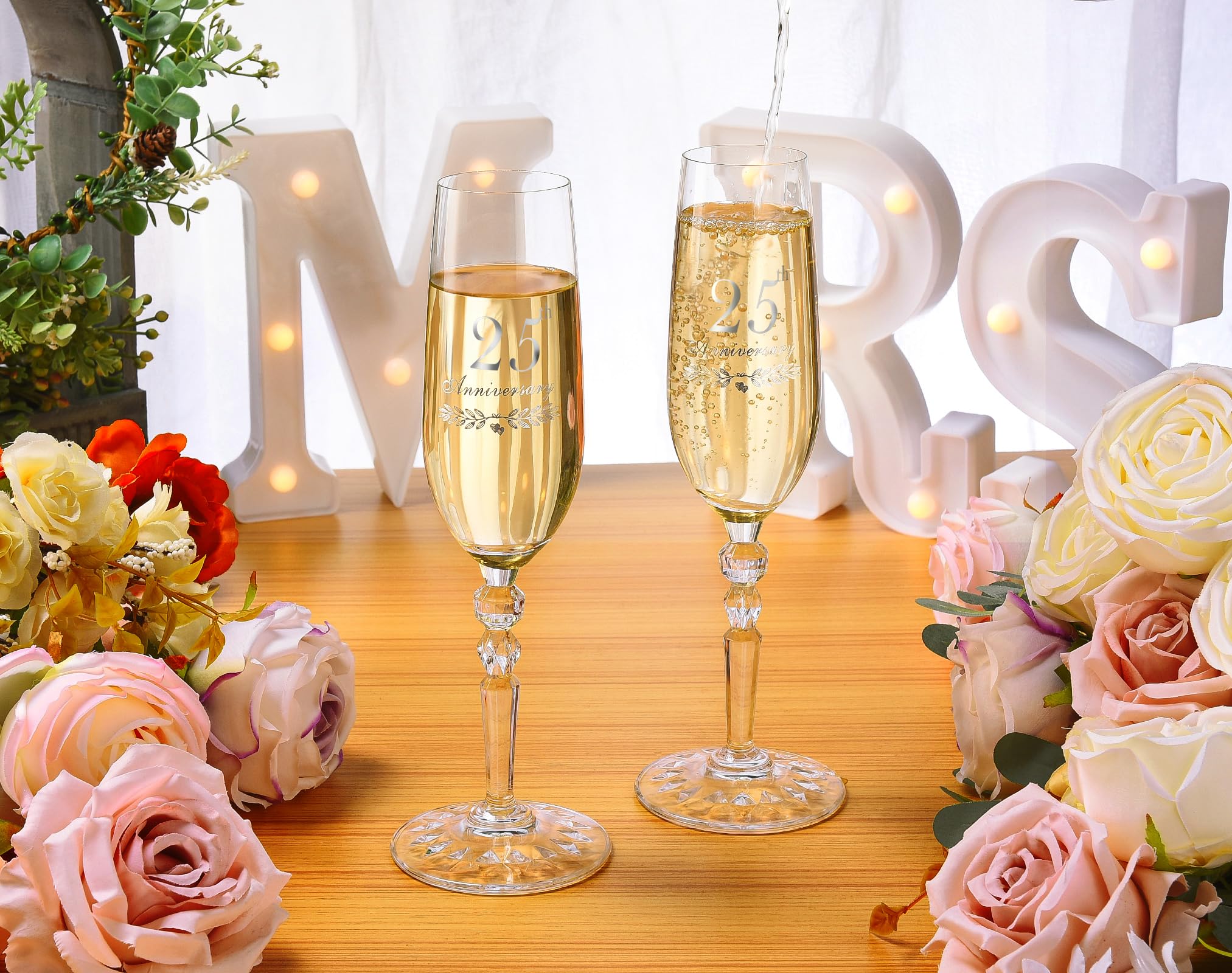 25th Anniversary Decorations Gifts for Couple, Classical Style 25th Wedding Anniversary Champagne Flutes Glasses, Crystal Champagne Glasses Set of 2, Gifts for husband, wife, Couple
