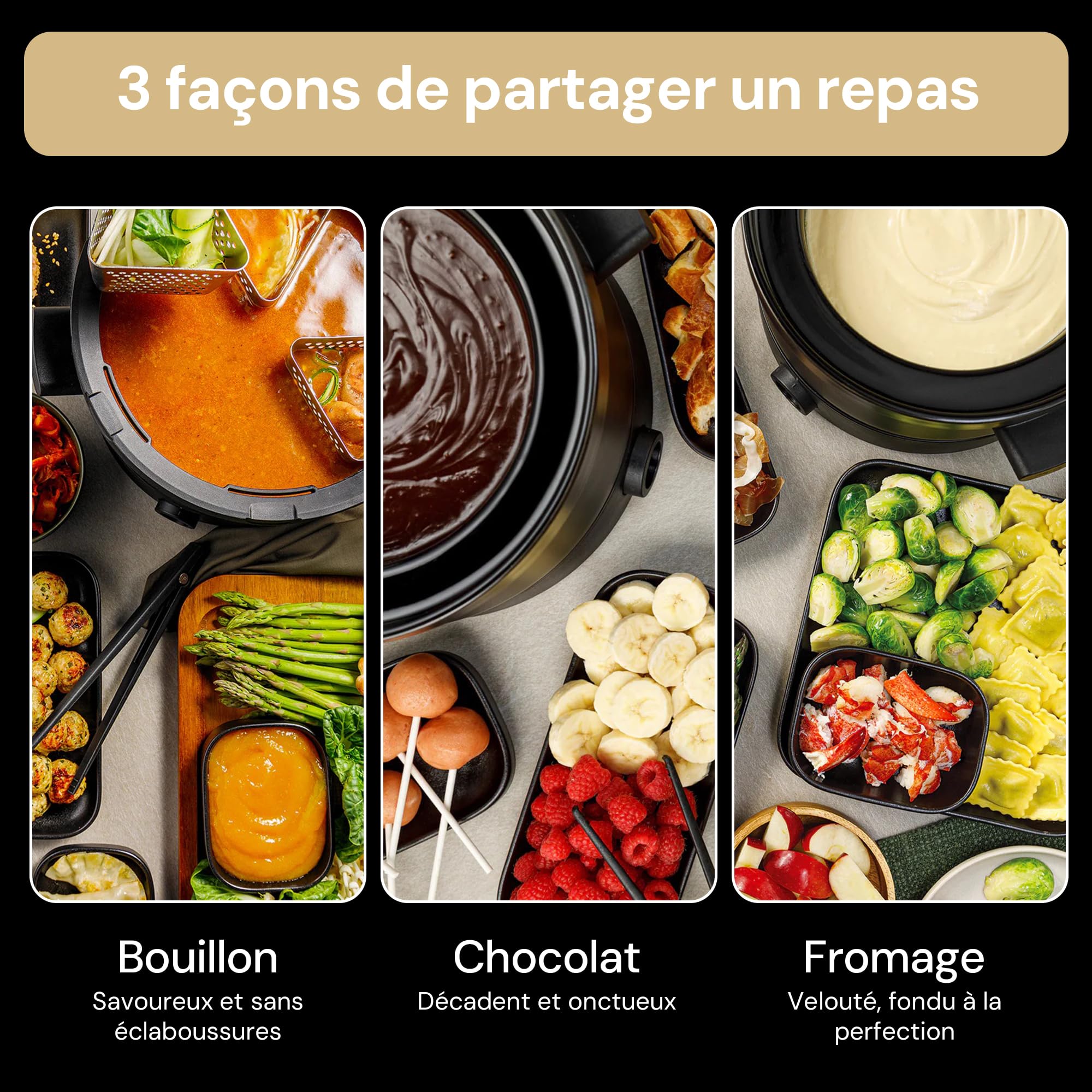 Fondussimo Appareil à Fondue Électrique Evolution 3-en-1 – Service à Fondue avec Caquelon INOX 3 L + Bol Céramique Bain-Marie – 6 Paniers & 6 Pinces – Température Réglable – 4 à 6 Personnes