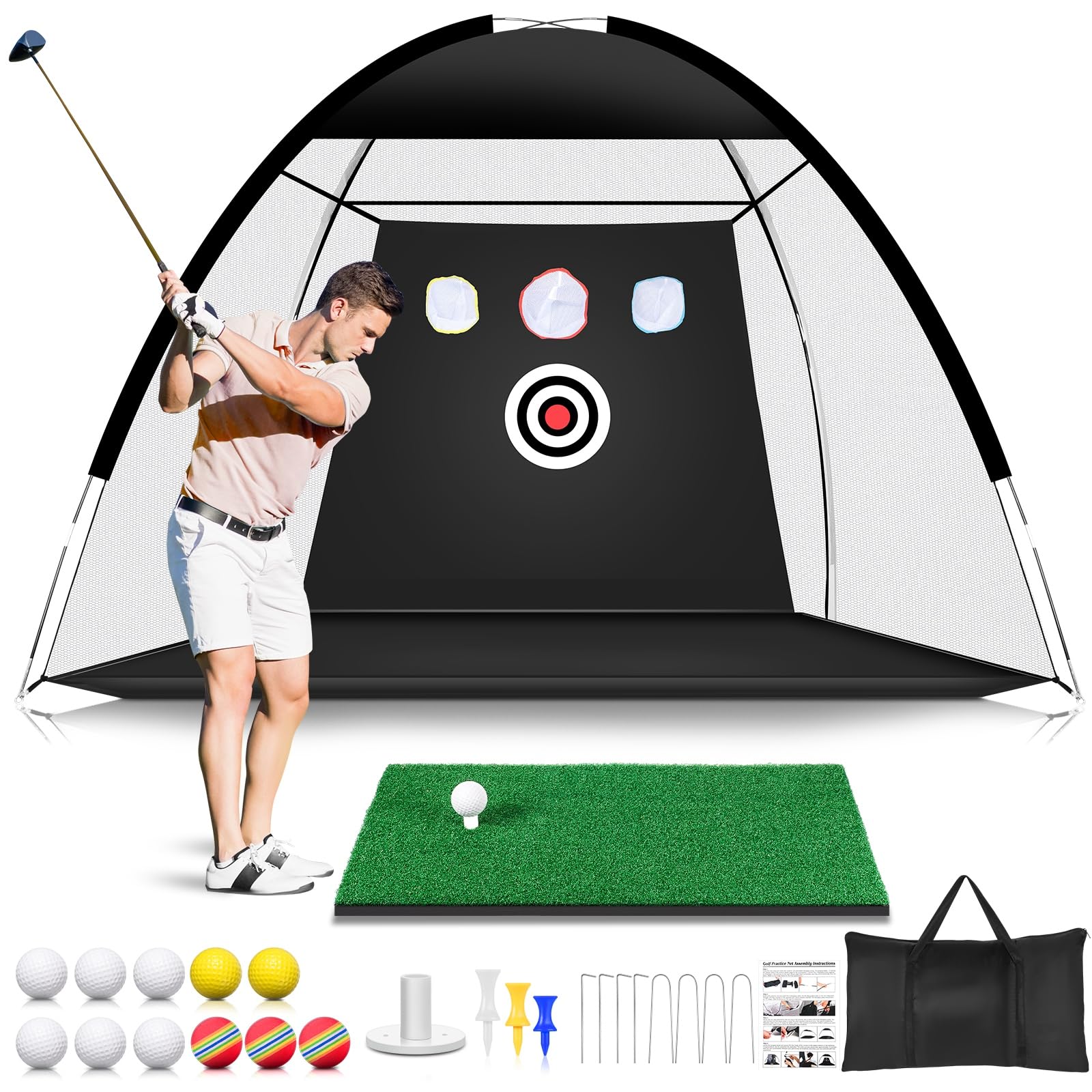 Golf Practice Net, 10x7ft Golf Hitting Net with Golf Mat Golf Balls Indoor Golf Net Golf Hitting Aids Net for Backyard Driving Chipping Swing Training, black