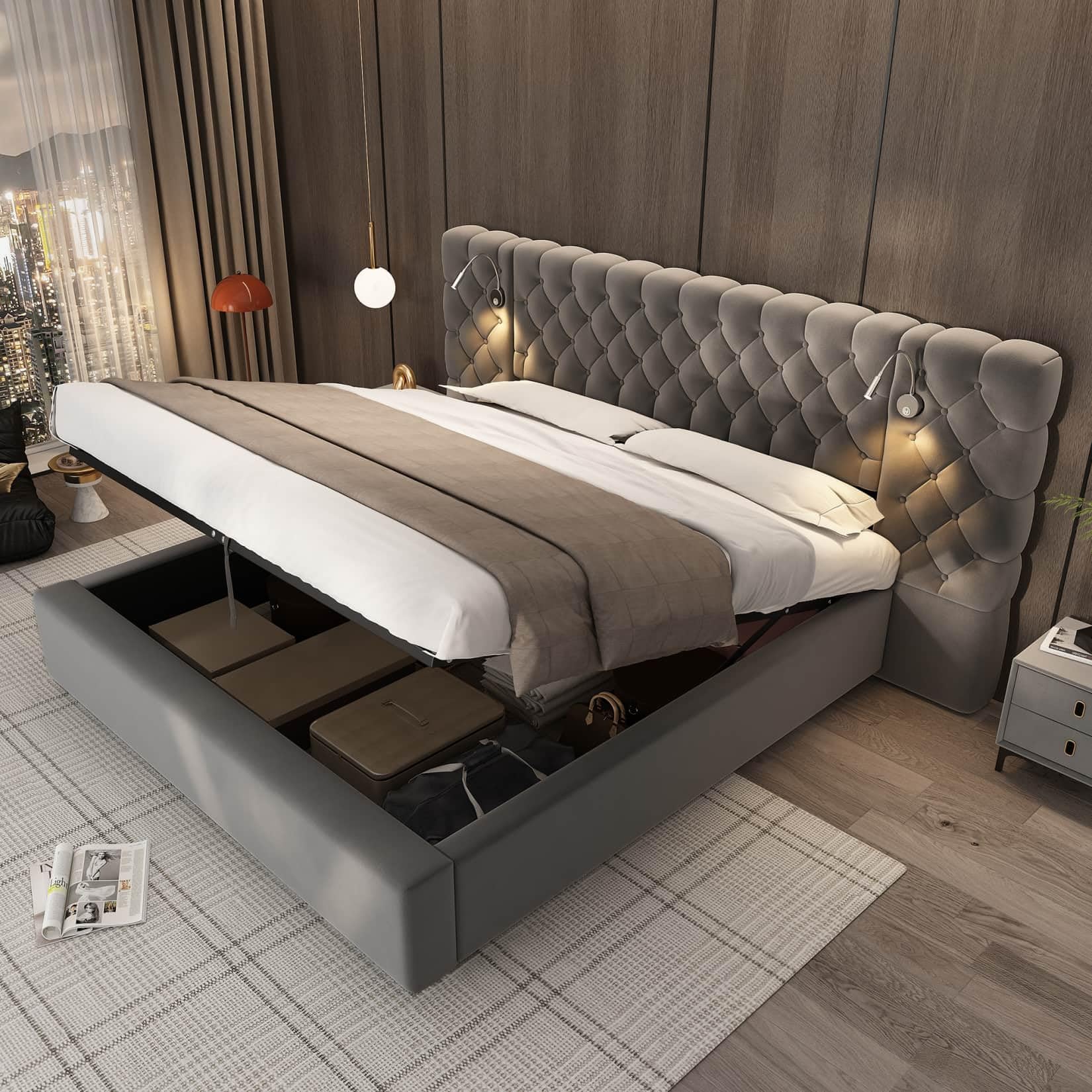 EURHCIO Lit Coffre 180x200cm,Lit Double Adulte avec Lampe de Chevet,Tête de Capitonné Large,Rangement,Sommier à Lattes en Bois,Tissu de Velours,Gris,sans Matelas (180)