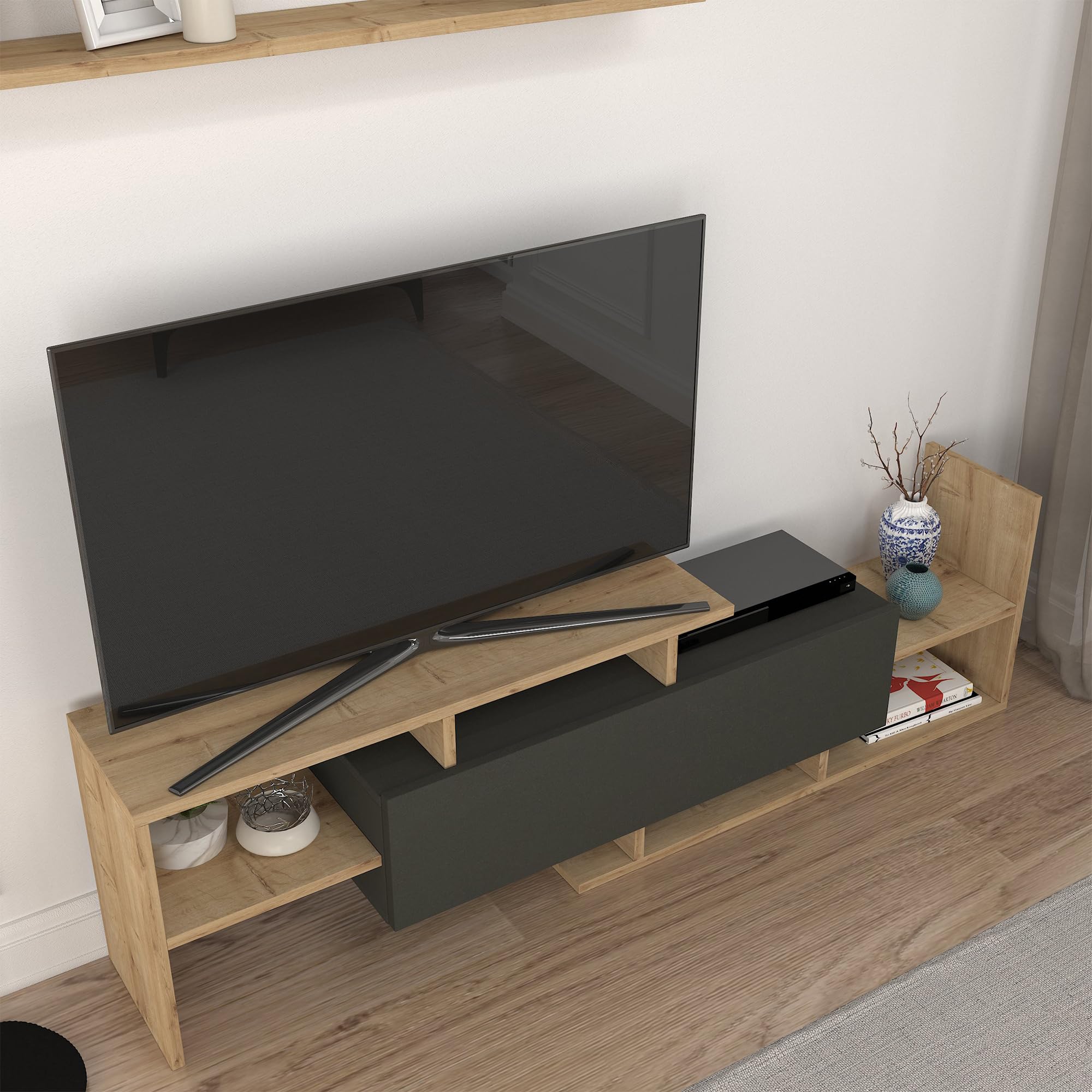 [en.casa] Juego de Muebles de Salón Liksefte Mesa para Televisor con Múltiples Compartimentos Estantes y 1 Puerta Mueble TV con Estantería de Pared Aglomerado 154x28x42cm - Efecto Roble Zafiro/Negro