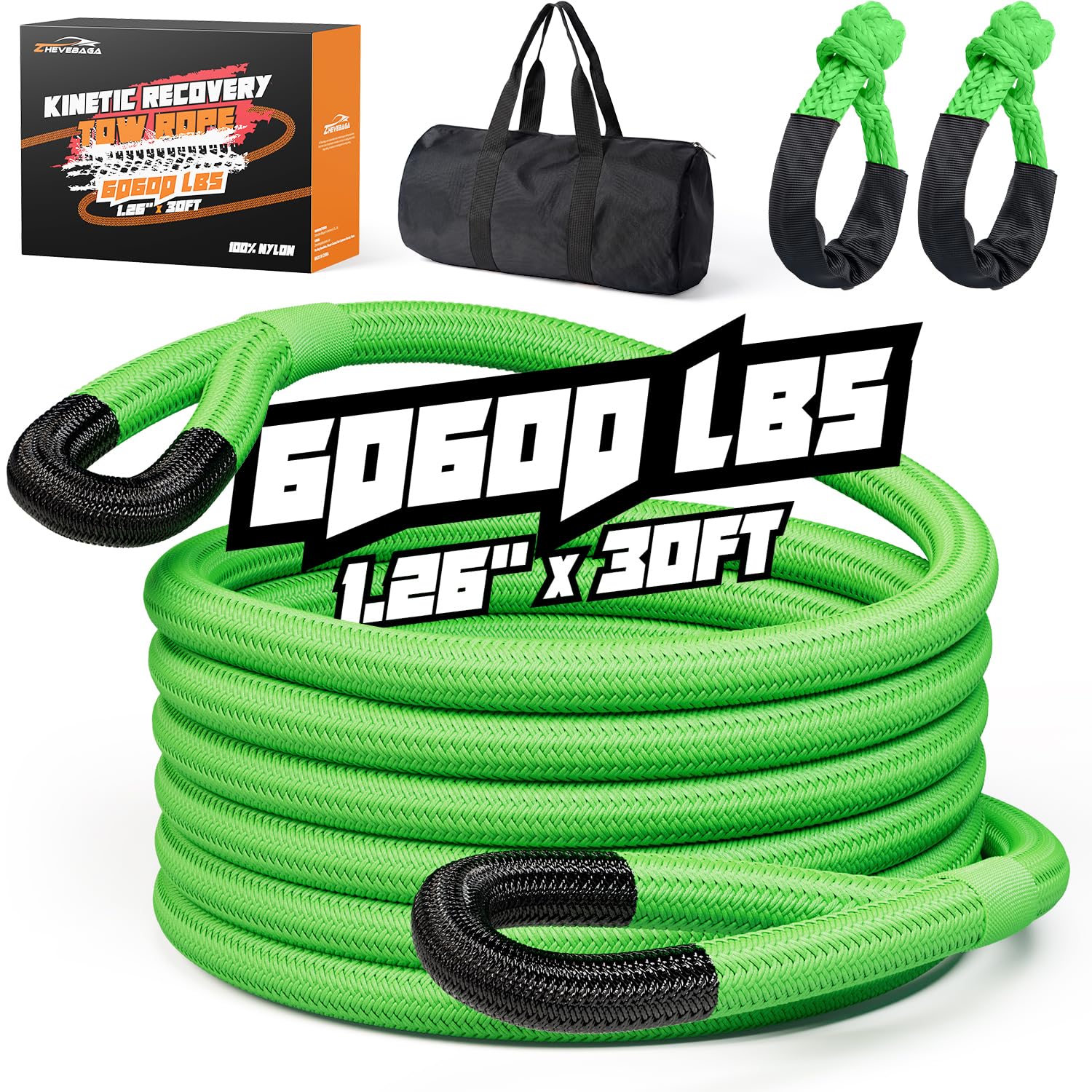 Kinetic Recovery Rope,1.26" x30ft Heavy Duty Offroad Tow Rope/60600 lbs Snatch Strap with Soft Shackles, 100% Nylon Offroad Towing Straps Kit for Truck ATV UTV SUV Jeep Car Tractor - Green