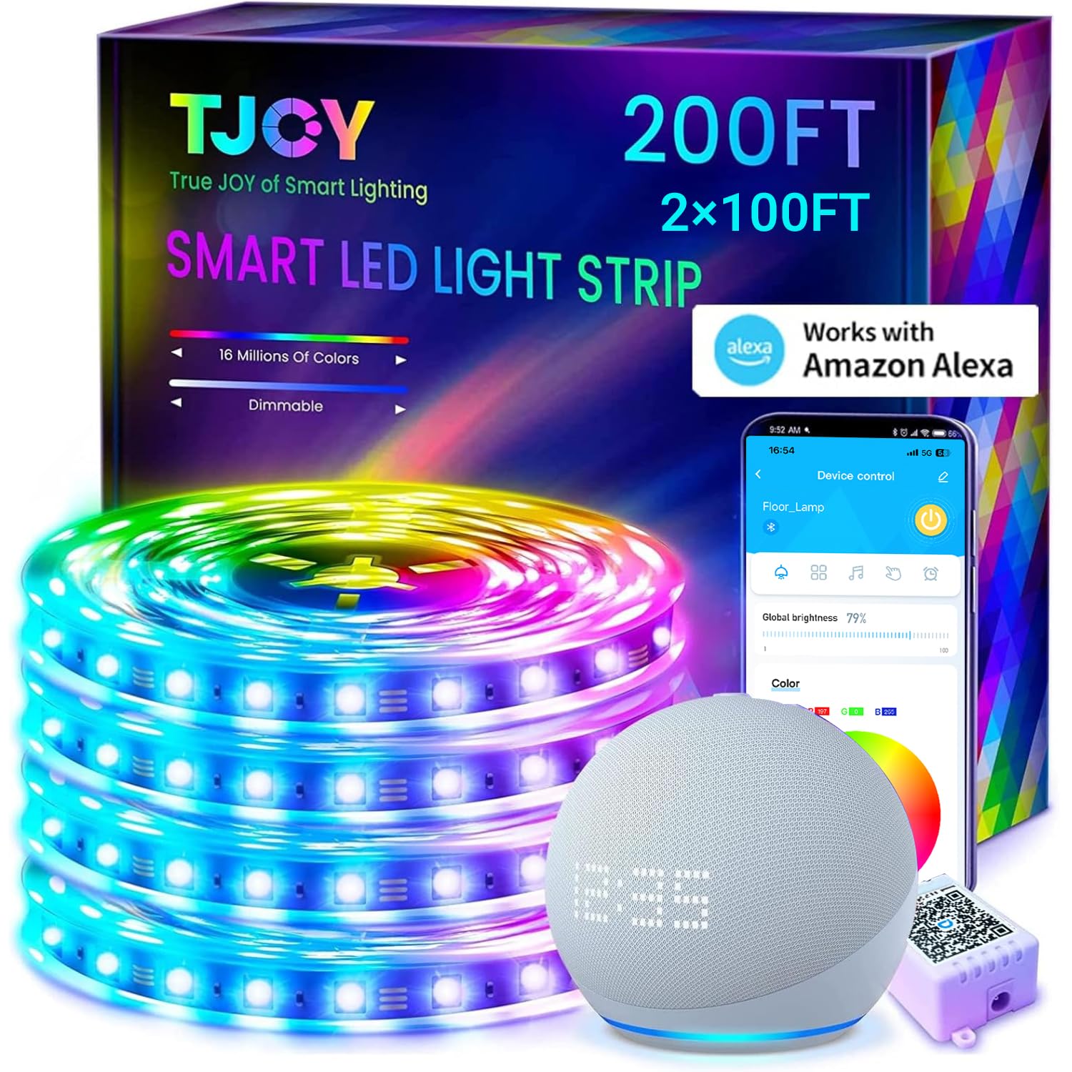 TJOY Tira de luces LED inteligentes de 200 pies para dormitorio, tira de luz Alexa, 2835 RGB que cambia de color, sincronización de música, iluminación con control remoto de aplicación, iluminación