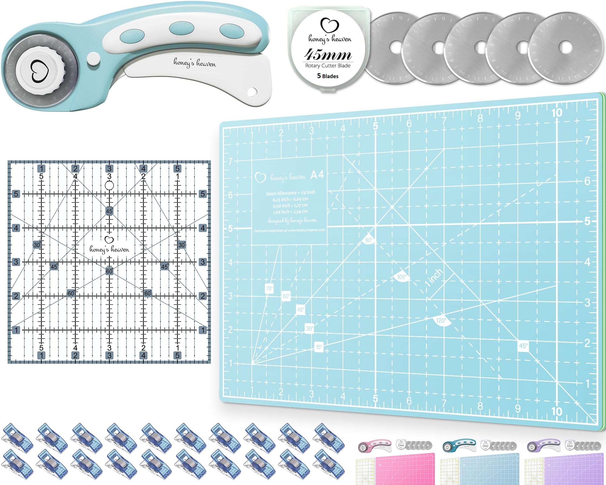 Juego de cortadores giratorios, kit de acolchado con cortador de tela de 45 mm, 5 cuchillas de repuesto, alfombrilla de corte A4, regla acrílica y clips de manualidades, ideal para manualidades,