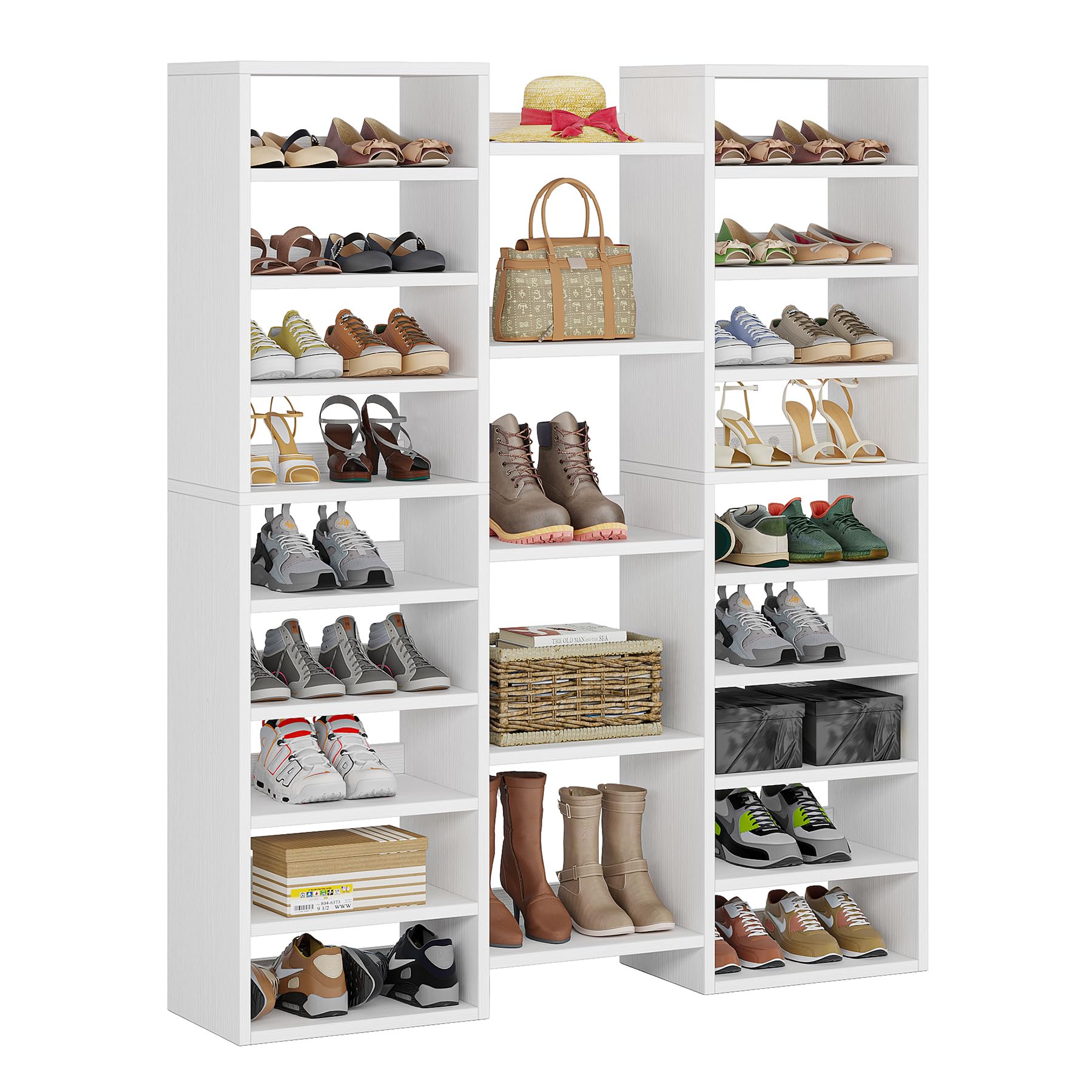 LITTLE TREE Shoe Rack, 14 Tier Shoe Storage Cabinet 46 Pair Wooden Shoe Shelves Organizer with 22 Open Cubbies for Closet Hallway Bedroom Entryway
