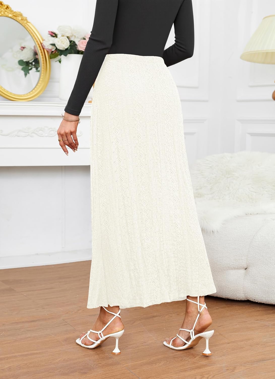 Herou Women Fall Elastic Waist Lace Maxi Skirt Elegant Knitted Eyelet Mermaid Skirt for Women with Underneath - Image 4