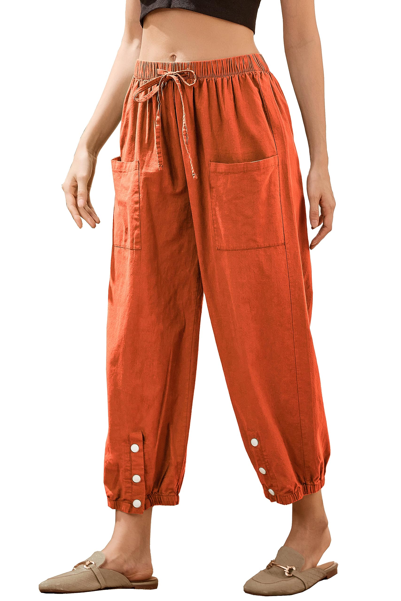 Casual Capri Pants for Women Linen Drawstring Elastic Capris Crop Relaxed Fit Cotton Wide Leg Capri Wide Leg
