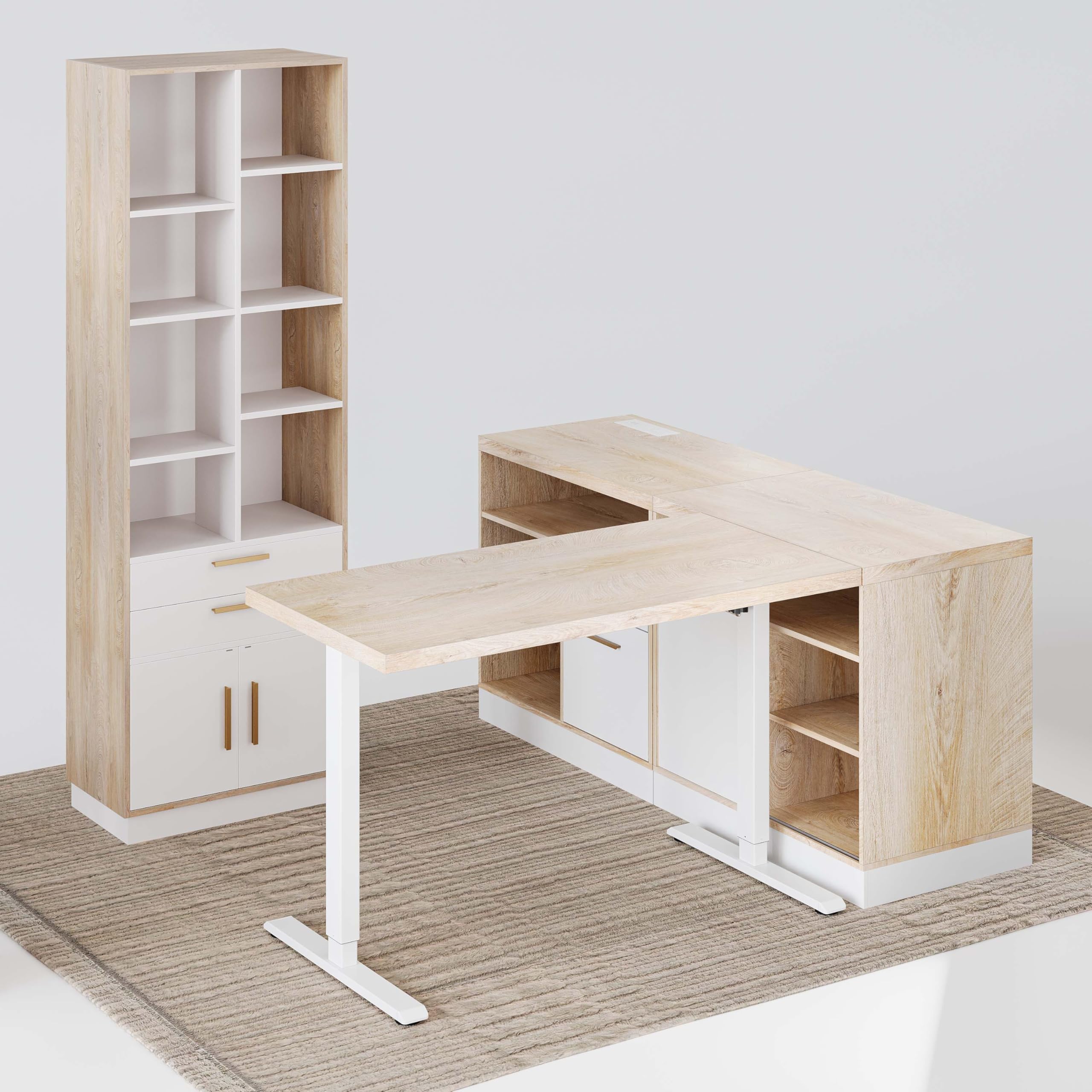 Furniture Set, 67" Standing Desk with 73" Bookcase, L Shaped Electric Standing Desk with Bookshelf, Home Office Furniture Set, Light Walnut