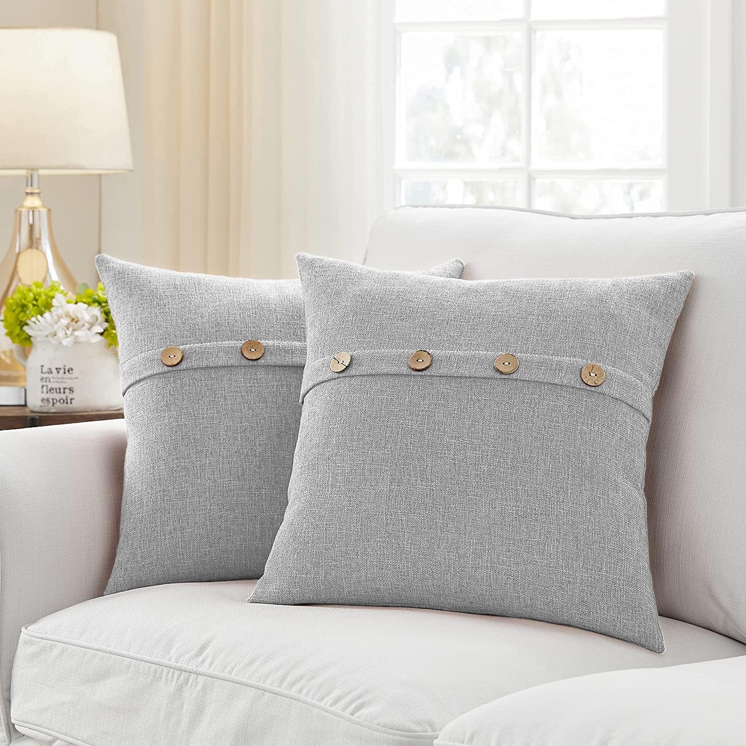 Khooti Decorative Poly Jute Square Cushion Covers with Buttons Throw Pillow Covers for Living Room Couch Sofa, Modern 18 x 18 Inches / 45 x 45 cm (Color - Light Grey)(Set of 5 Pieces) C5