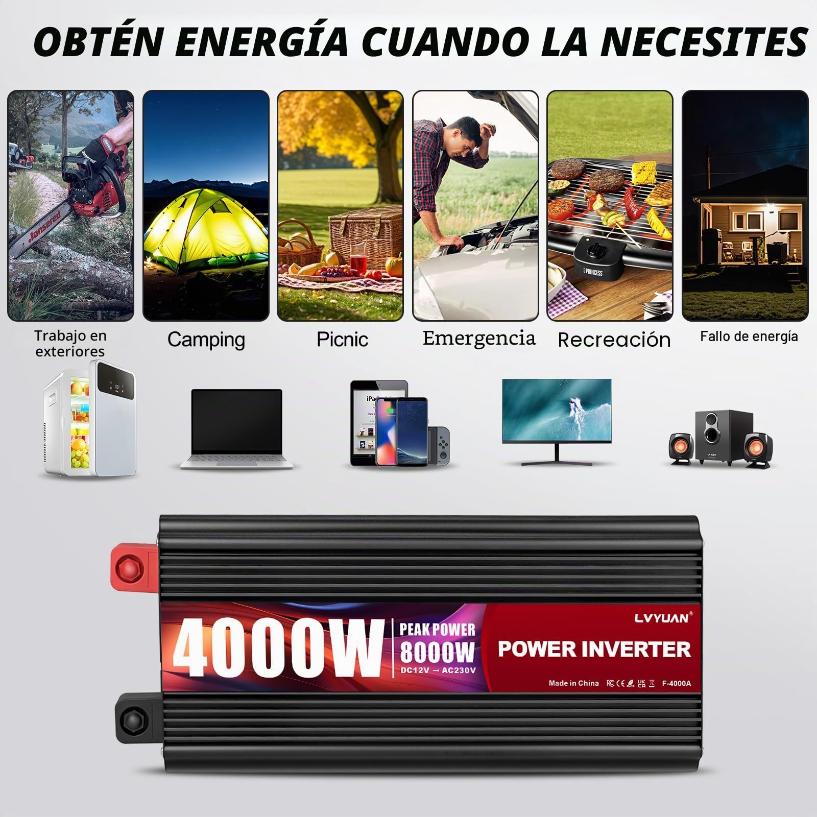 Yinleader Convertidor Voltaje, Inversor de corriente de 12 V, 230 V, 4000 W/8000 W, 12 V, 220 V, LCD, conexión de cable de alimentación AC USB
