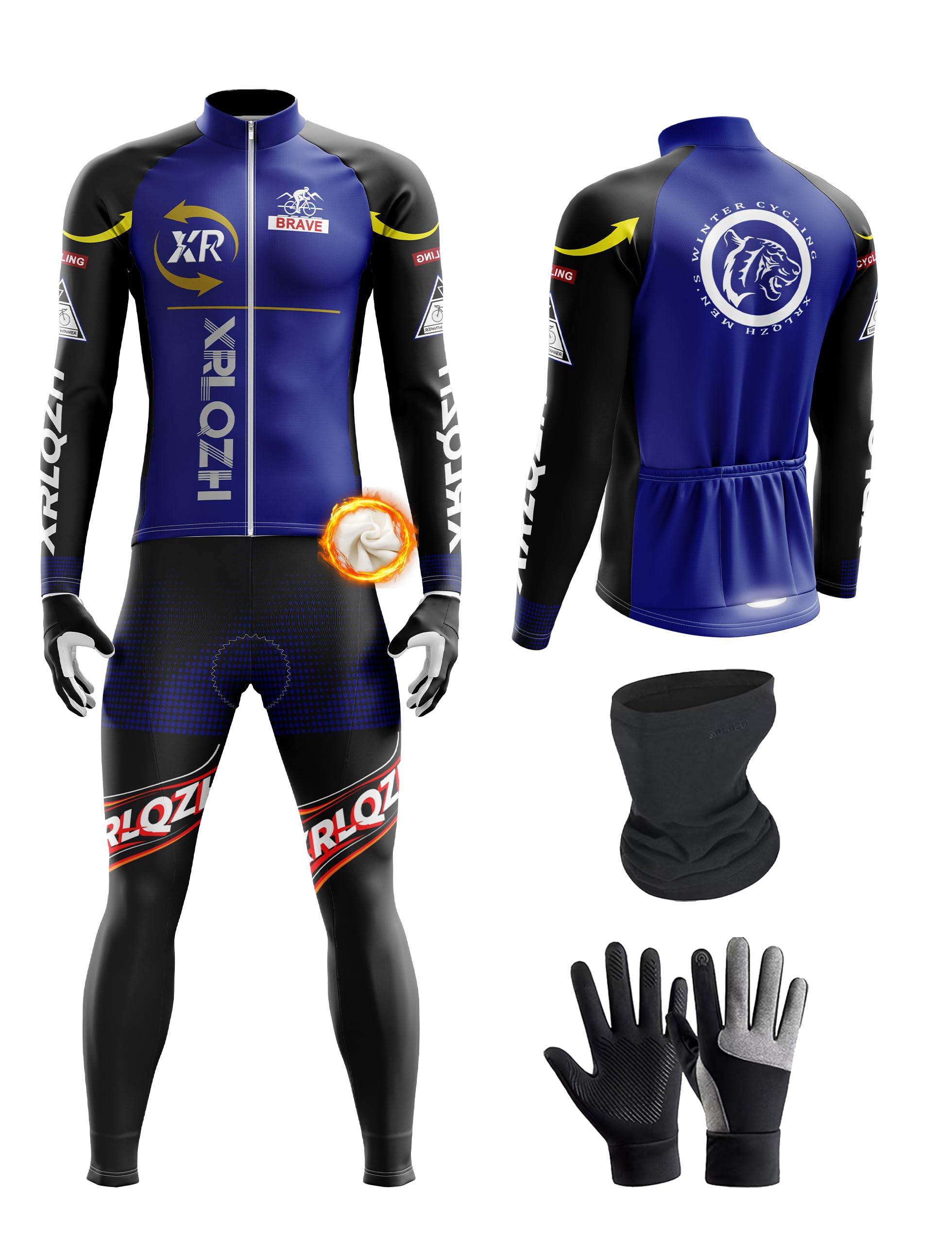 Maillot Cyclisme Kits Hiver Homme+9D Gel Pantalons MTB Jersey, Veste de cyclisme de route plus chaude Vêtements de cyclisme,avec Fermeture éclair, réflecteur et 3 Poches