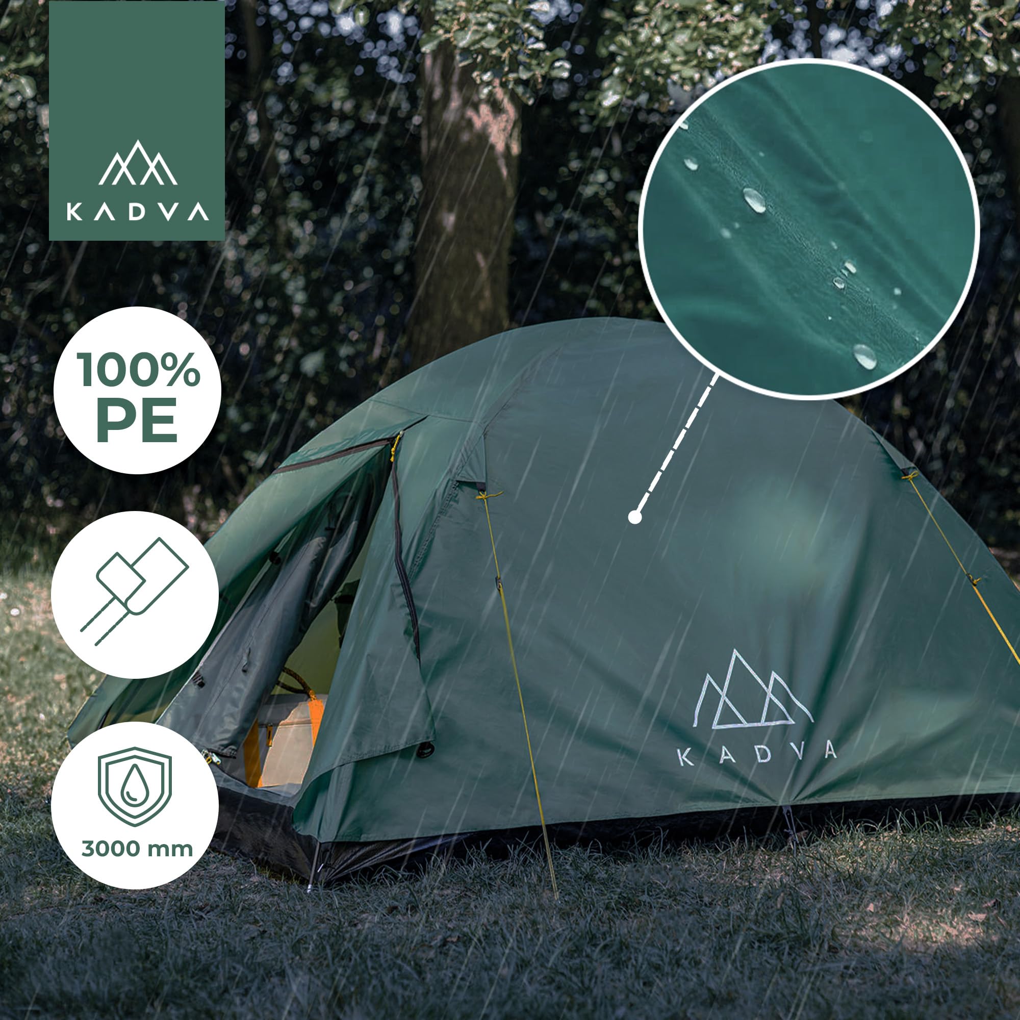 KADVA Tenda da campeggio Festa 2 Tenda 200 x 120 x 105 cm per 2 persone con zanzariera, impermeabile, struttura in fibra di vetro leggera e robusta, ideale per il campeggio e le escursioni
