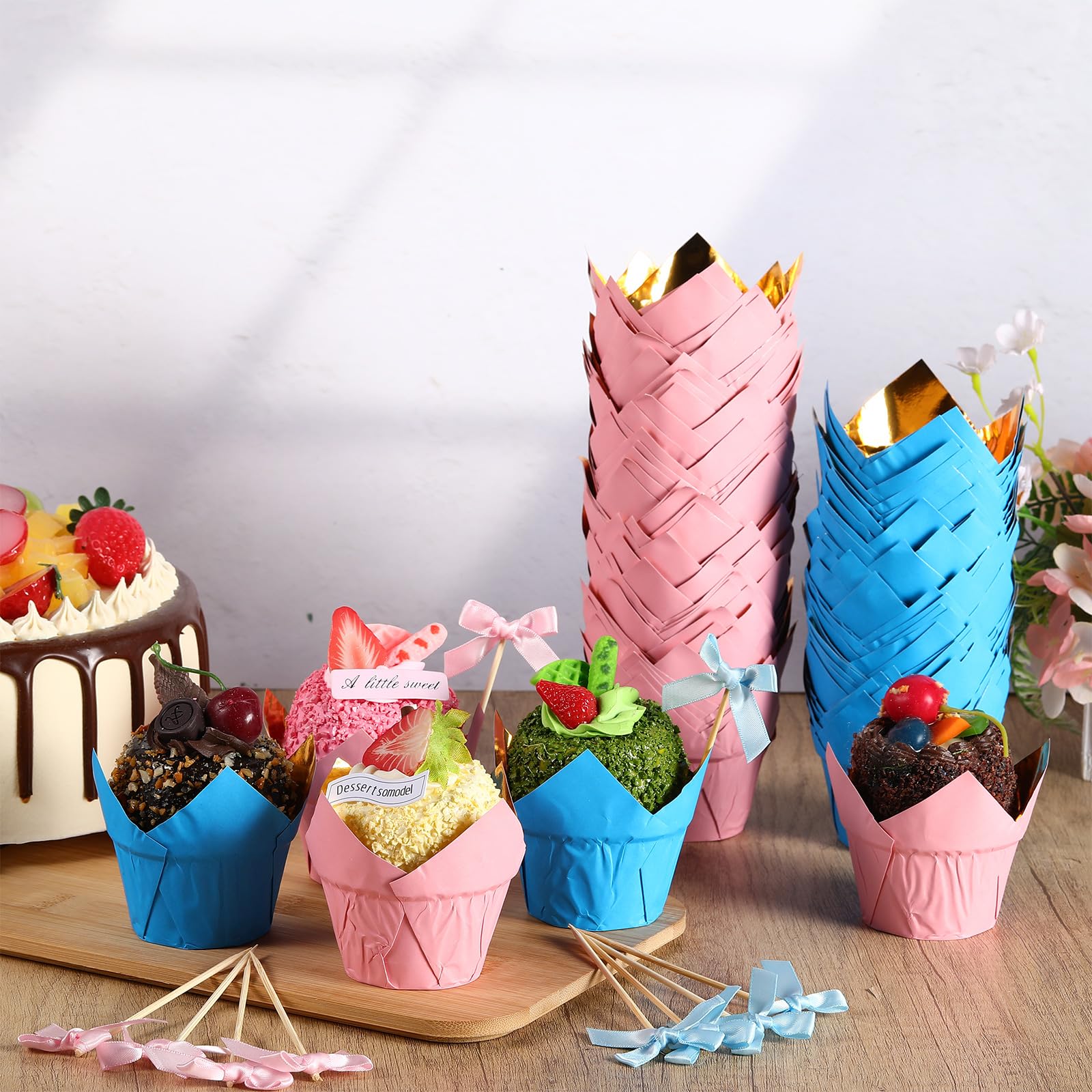 Vesici 200 Pcs Tulip Cupcake Liner for Baking Pink and Blue Tulip Baking Cups Gender Reveal Muffin Liner Greaseproof Paper Cup Wrappers Baby Shower Cupcake for Girl Boy Gender Reveal Party Supplies