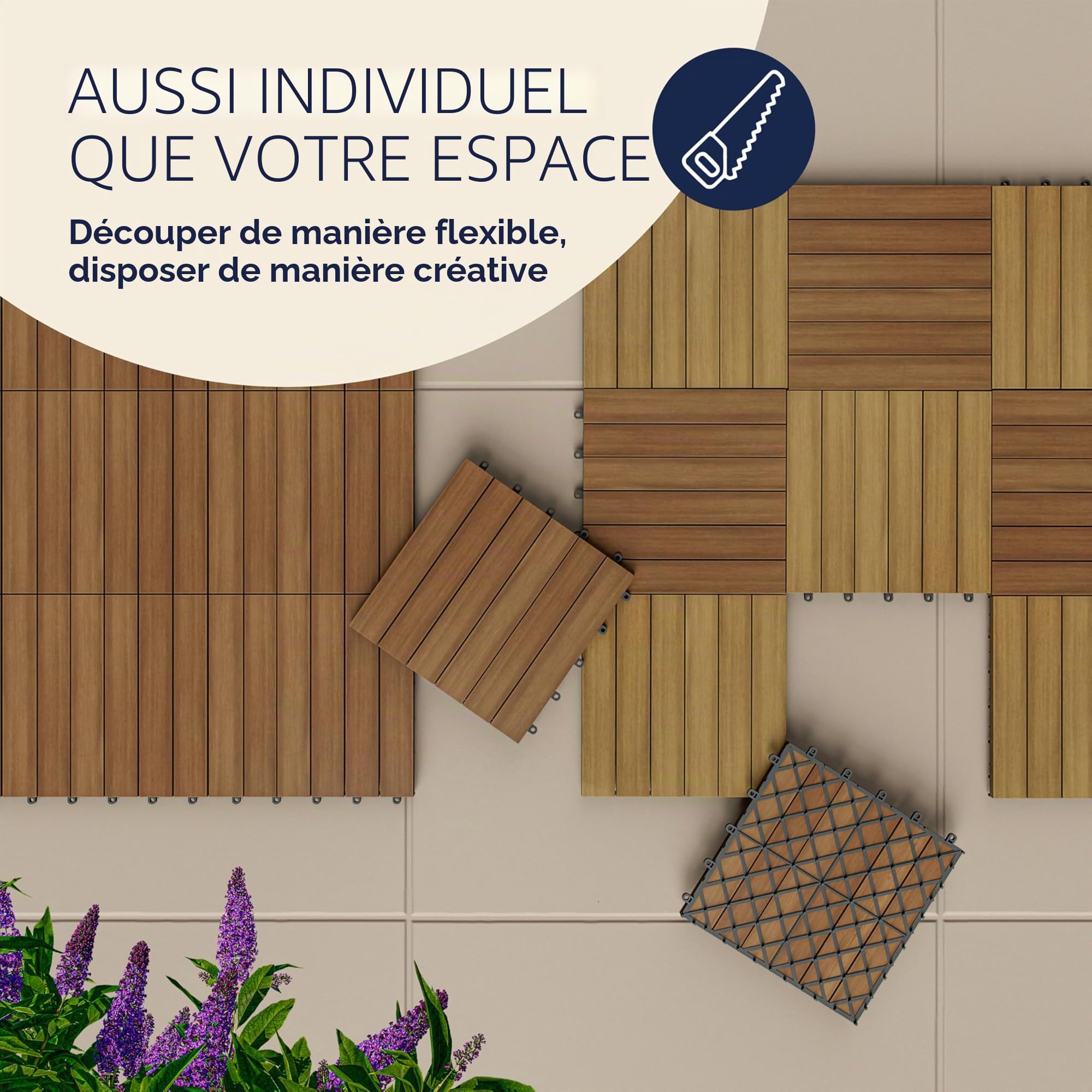 CASARIA® 66x Dalles bois clipsables 30x30cm bois d'acacia | certifié FSC®, bois d'acacia pré-huilé, dalles 30x30cm, fixation par clips, système de drainage, résistant aux intempéries