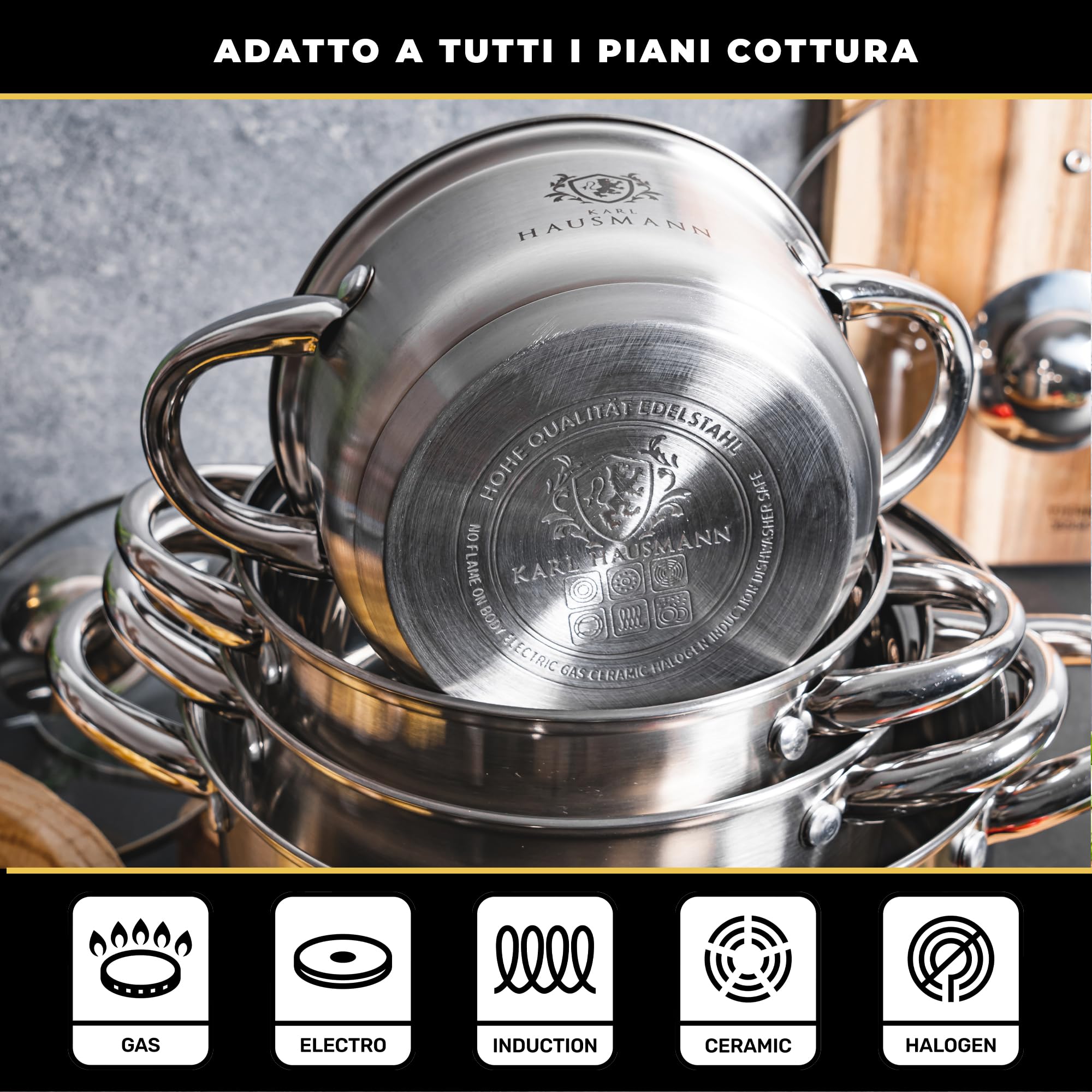 KARL HAUSMANN Set di Pentole Induzione - 4 Pezzi - Batteria di Pentole Acciaio Inox - Scala Interna - Pentola per Induzione, Gas, Elettrica e in Vetroceramica - Riscaldamento e Cottura Uniforme