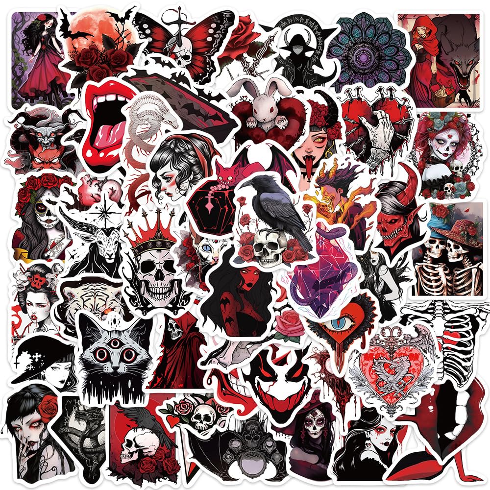 Yoksas Goth Horror Vampire Stickers - 50Pcs Gothic Red Skull Spooky Satanic Stickers for Scrapbook,Laptops,Water Bottles,Halloween Party Supplies,