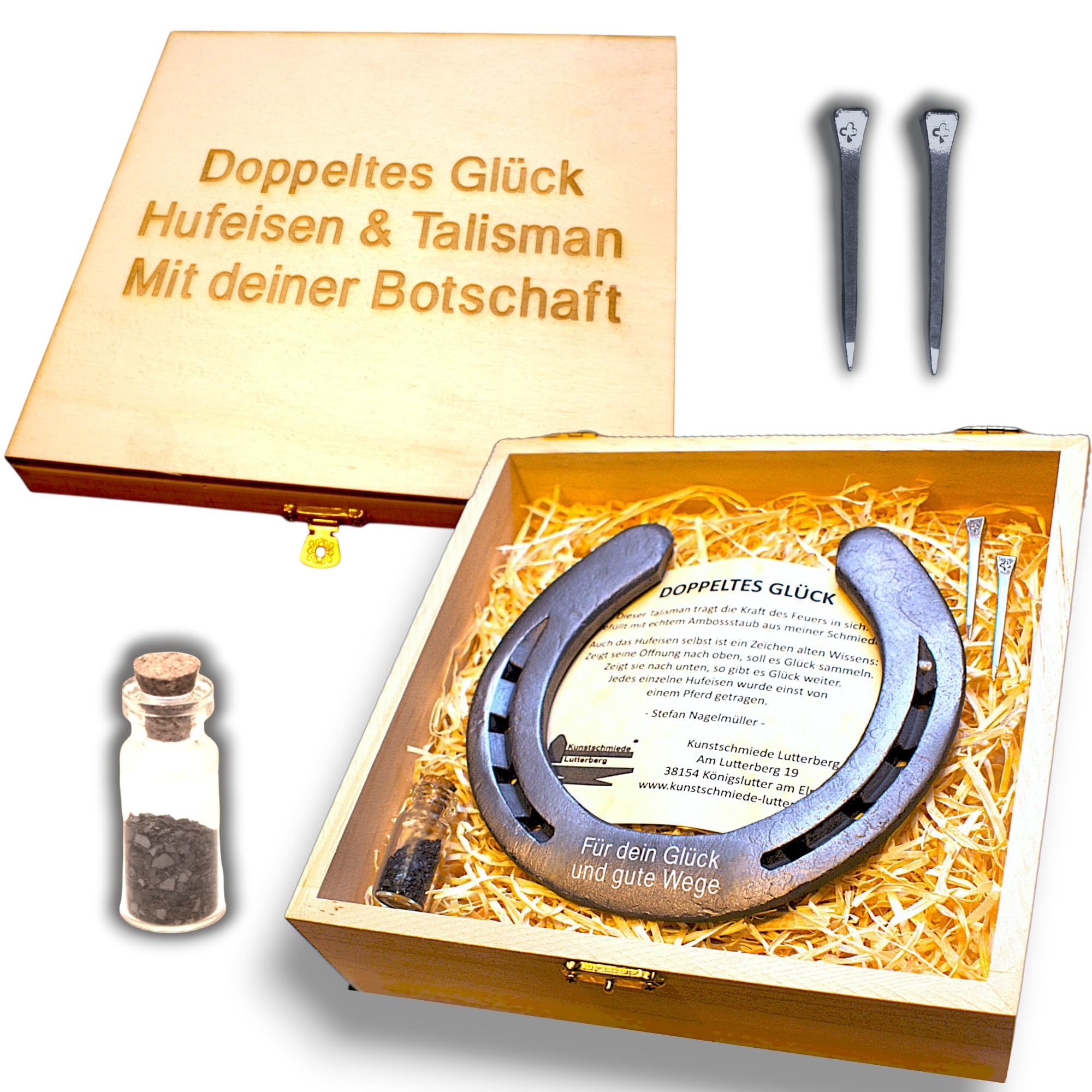 Personalisierbares Hufeisen und Holzbox als Geschenkset, inklusive Talismane & Echtheitszertifikat – Glücksbringer für Hochzeit, Einzug, Schutz & Erfolg - Kunstschmiede Lutterberg
