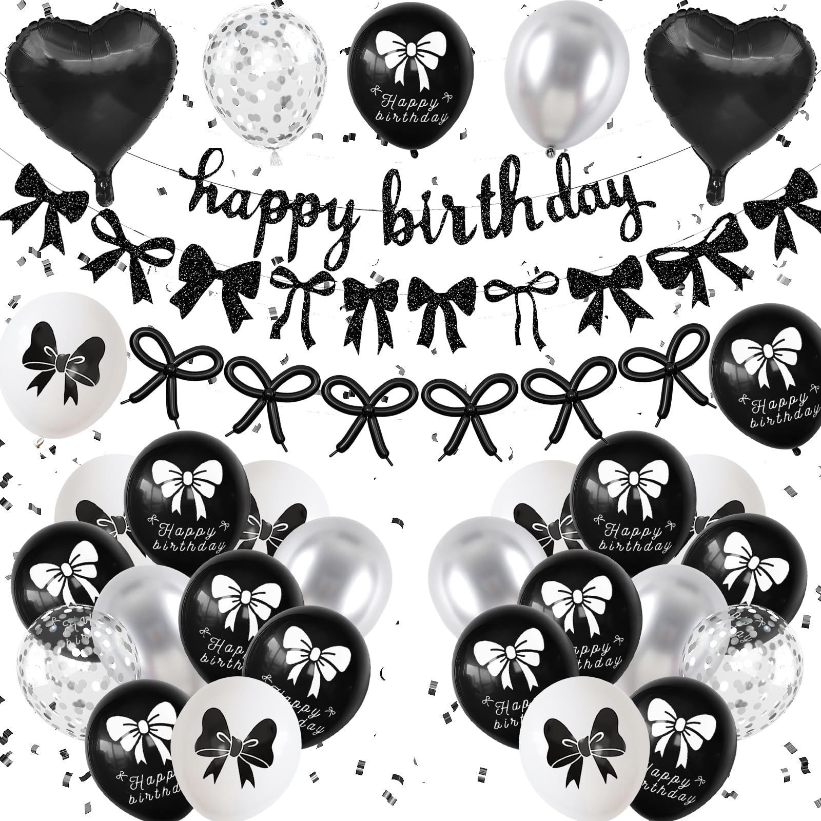 Black Bow Birthday Decorations,Bow Coquette Party Decorations with Happy Birthday Banner Black Silver white Bow Balloons Heart Foil Balloons for Girls