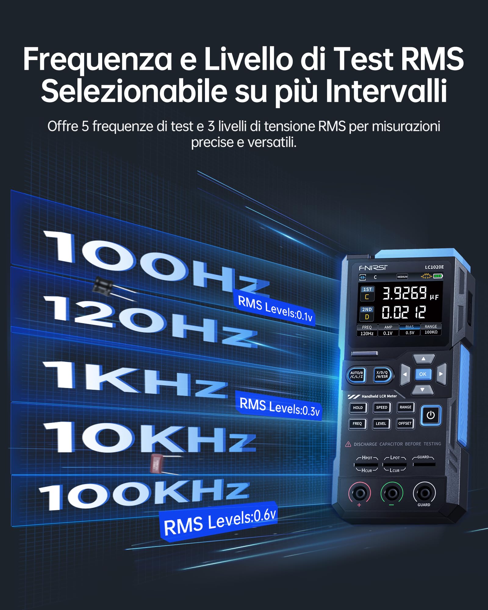 FNIRSI LC1020E Misuratore LCR 100kHz, Tester per Resistori Induttori Condensatori, 19999 Conteggi, Rilevamento Auto Componenti, Misura ESR/Q/D/θ/X, Doppio Parametro, Calibrazione Aperto/Cortocircuito