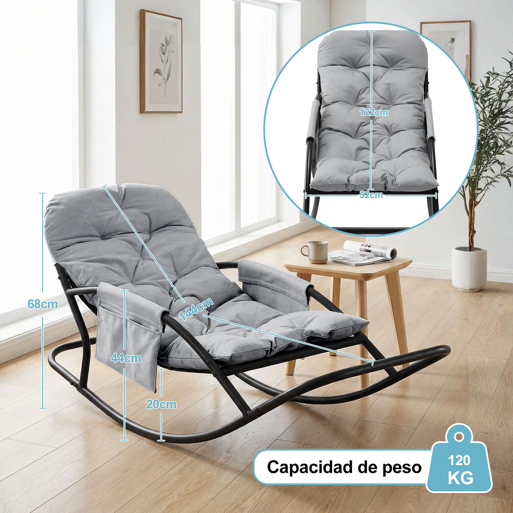 Sillón Mecedor Exterior, Silla Mecedora Papasan con Cojín y Estructura de Metal, Soporte para Pies, para Dormitorio, Salón, Terraza, Jardín, Balcón, Capacidad de Carga 120 kg, Tela técnica