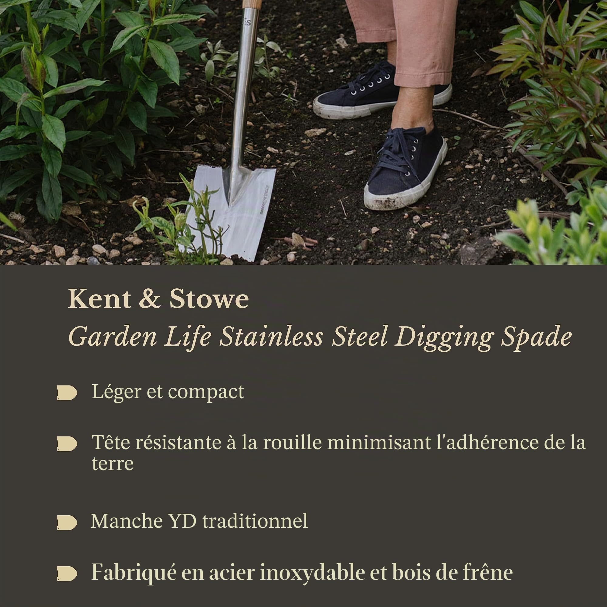 Kent & Stowe Garden Life Bêche en Acier Inoxydable légère et compacte de Style Traditionnel pour Toute l'année en Acier Inoxydable et Bois de frêne