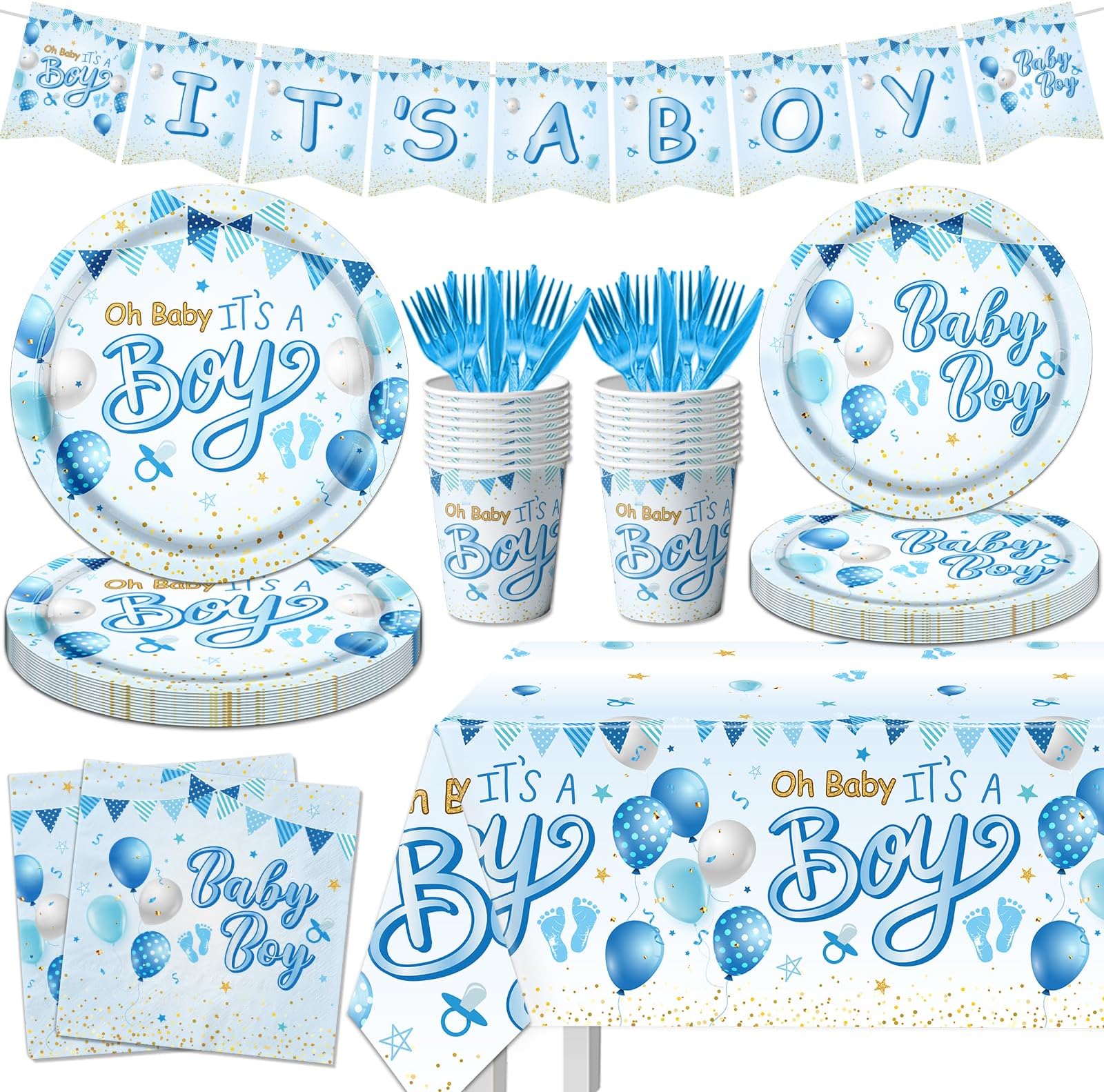 CMUSKO Blue Baby Shower Decorations for Boy, It's a Boy Baby Shower Party Supplies with Baby Boy Plates Napkins Cups Banner Tablecloth for Baby Boy Gender Reveal Baby Shower Party Decor