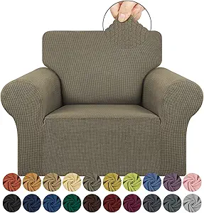 KEKUOU Stretch Single Sofa Slipcover 1 Piece Couch Sofa Cover (31"-55") Furniture Protector 1 Seater Sofa with Elastic Bottom for Kids,Pet.Jacquard Small Checked Pattern Fabric(Small,Khaki)
