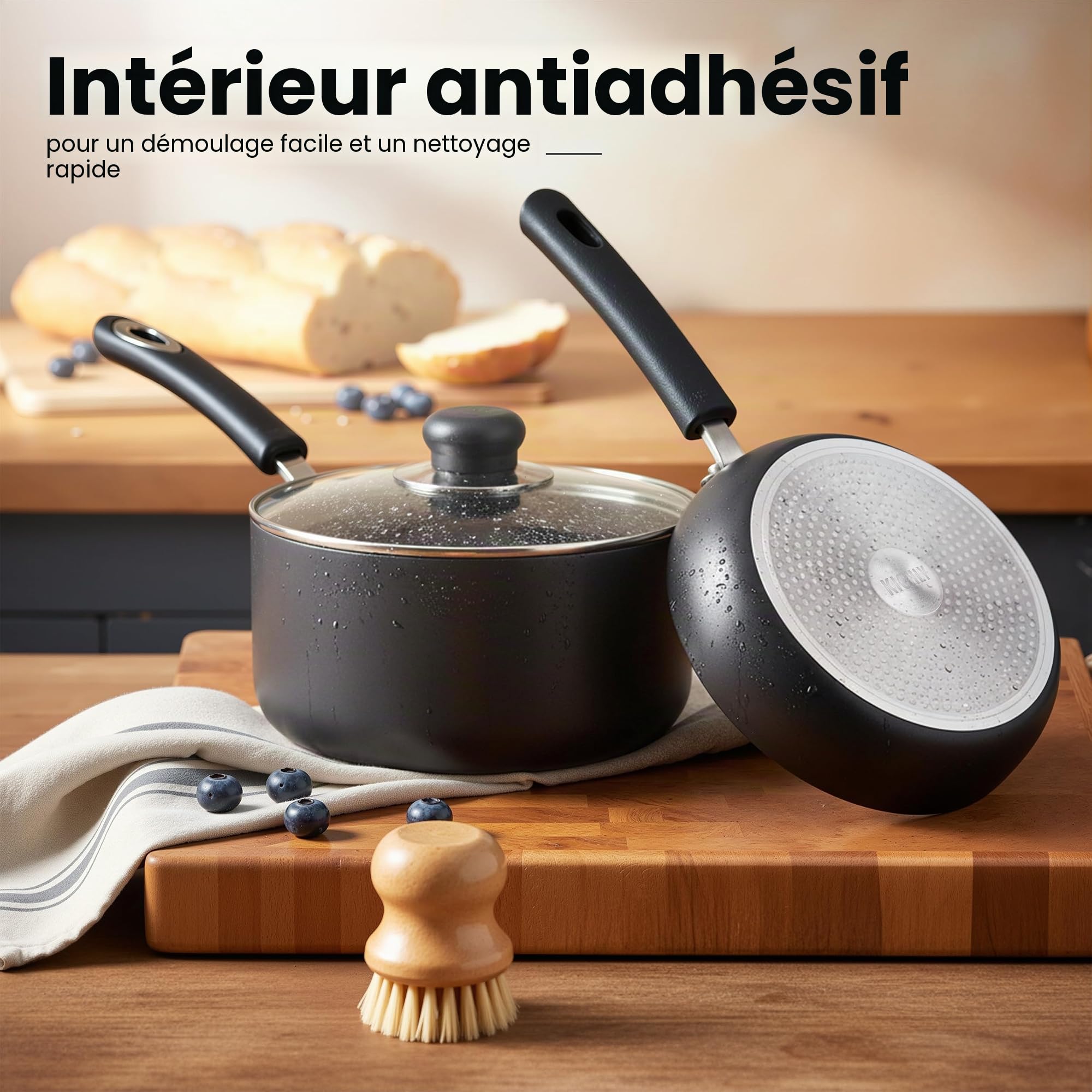 KICHLY Ensemble de casseroles et poêles antiadhésives 5 pièces, poêles à frire à induction 20 cm, 28 cm, casserole avec couvercles 20 cm, 18 cm, casserole non induction 16 cm, passe au lave-vaisselle